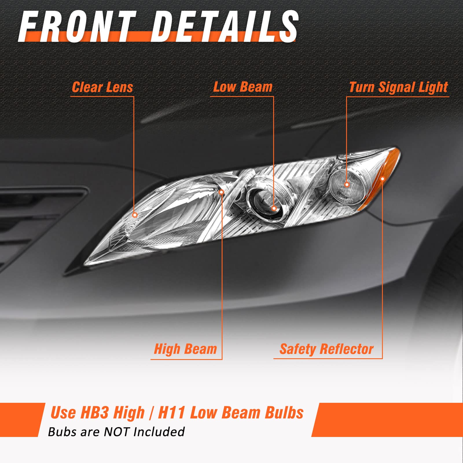 2007-2009 Toyota Camry Headlight Assembly Pair - Chrome Housing with Amber Reflector & Clear Lens - Left & Right Replacement - Perfect for Night Driving & Foggy Conditions