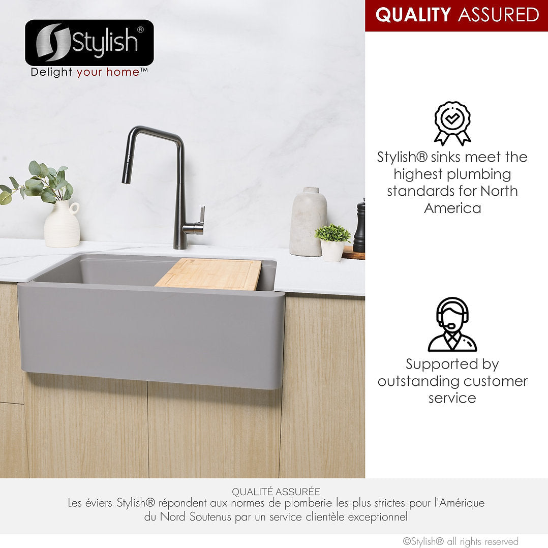 Stylish 30-inch BRONTE S 830WL Farmhouse Apron Front Grey Composite Granite Single Bowl Kitchen Sink - Perfect for Modern Farmhouse & Rustic Kitchen Renovations
