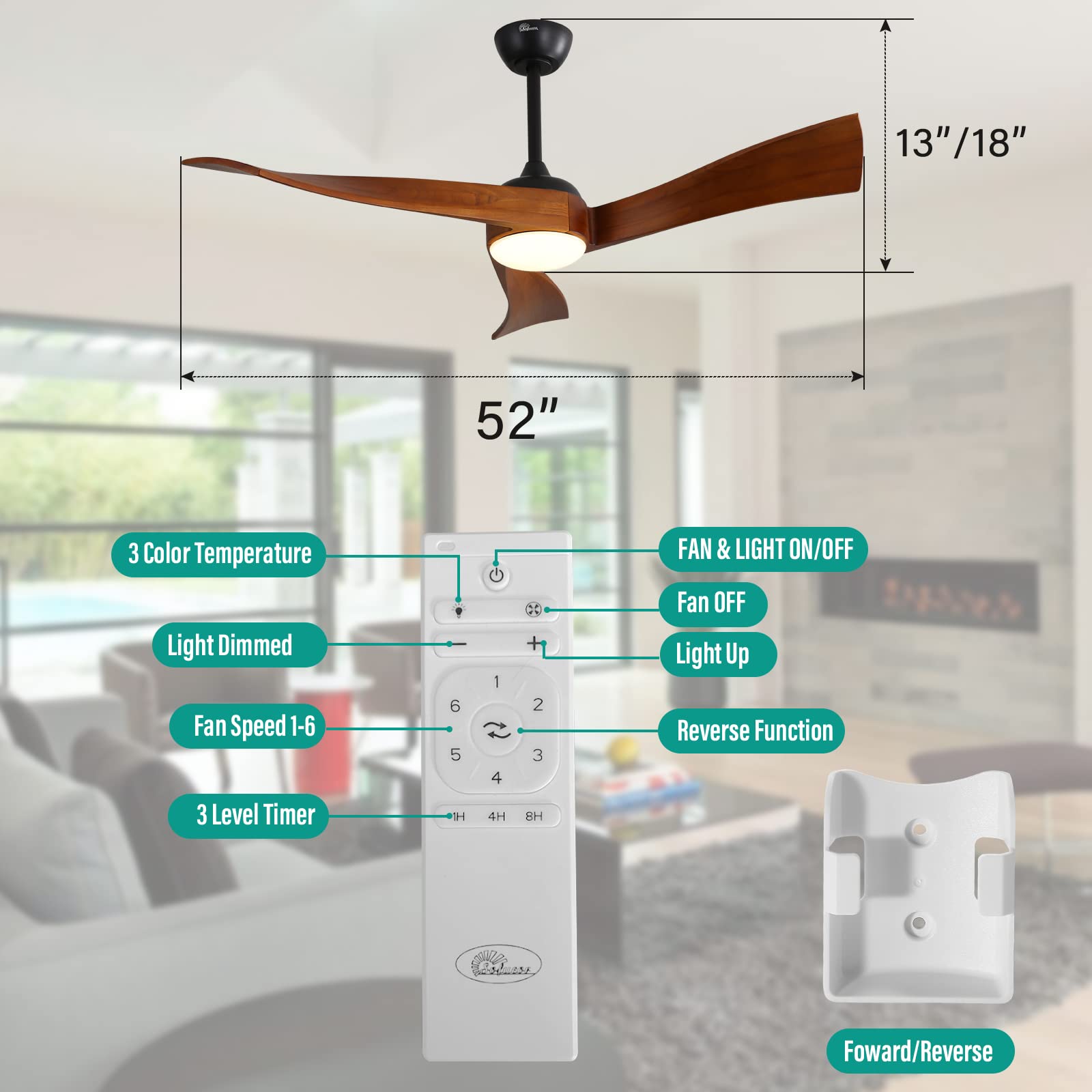 Sofucor 52 Inch Modern Ceiling Fan with Light and Remote Control - 3 Blade Outdoor Ceiling Fan for Patio, 6 Speed Settings & Dimmable LED Light - Brown - Perfect for Living Room, Bedroom, and Covered Outdoor Spaces