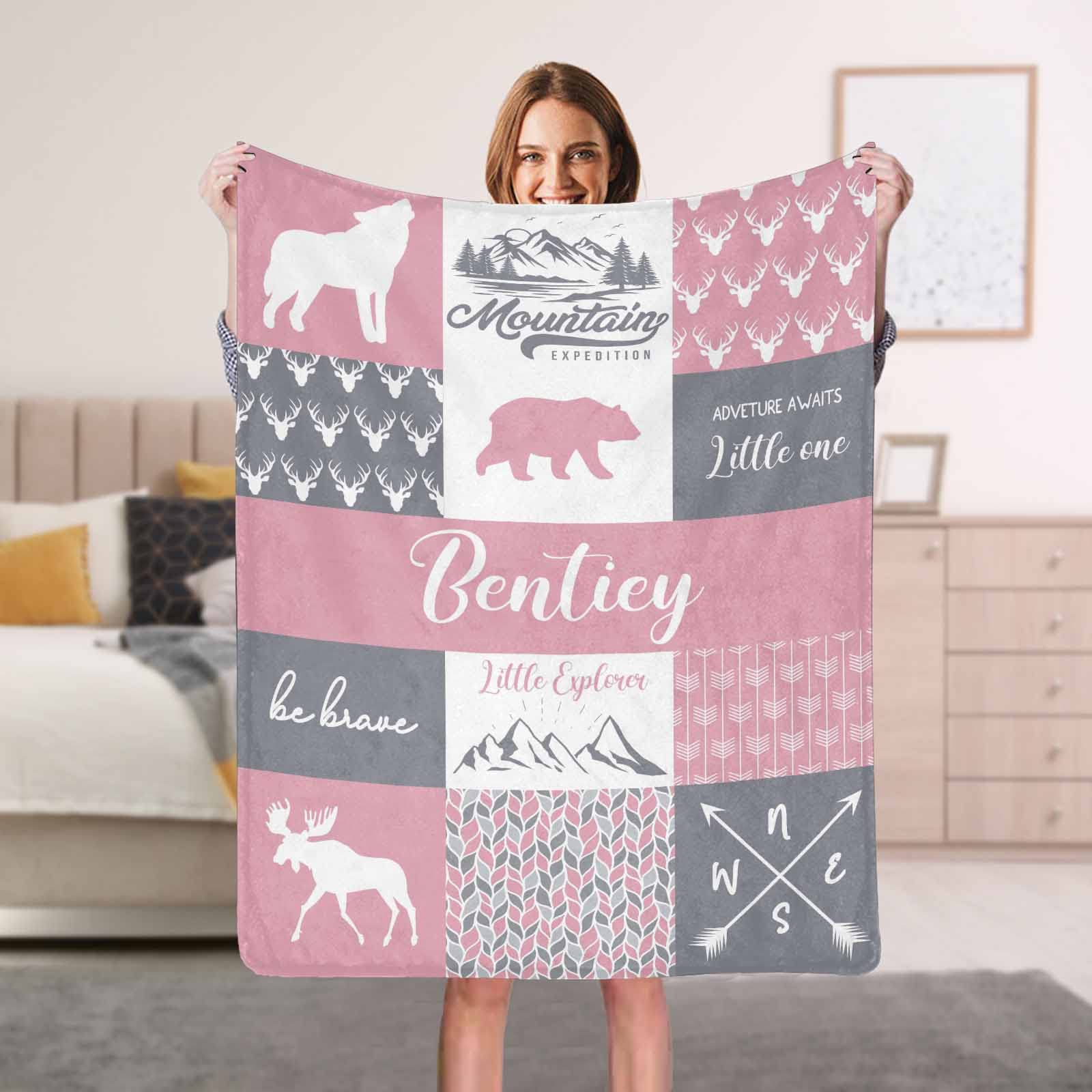 Personalized Baby Blanket with Name - Custom Pink Woodland Bear Deer Wolf Design - Super Soft Fleece Blanket for Newborns, Girls & Boys - Perfect Baby Shower Gift for Nursery, Stroller & Cuddling