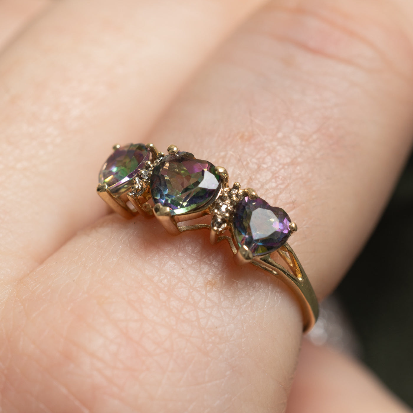 1.50ctw Three Stone Heart Cut Mystic Topaz & Diamond Ring - 0.005ctw Diamond Accents - Size 7 | Elegant Jewelry for Anniversary, Engagement & Special Occasions