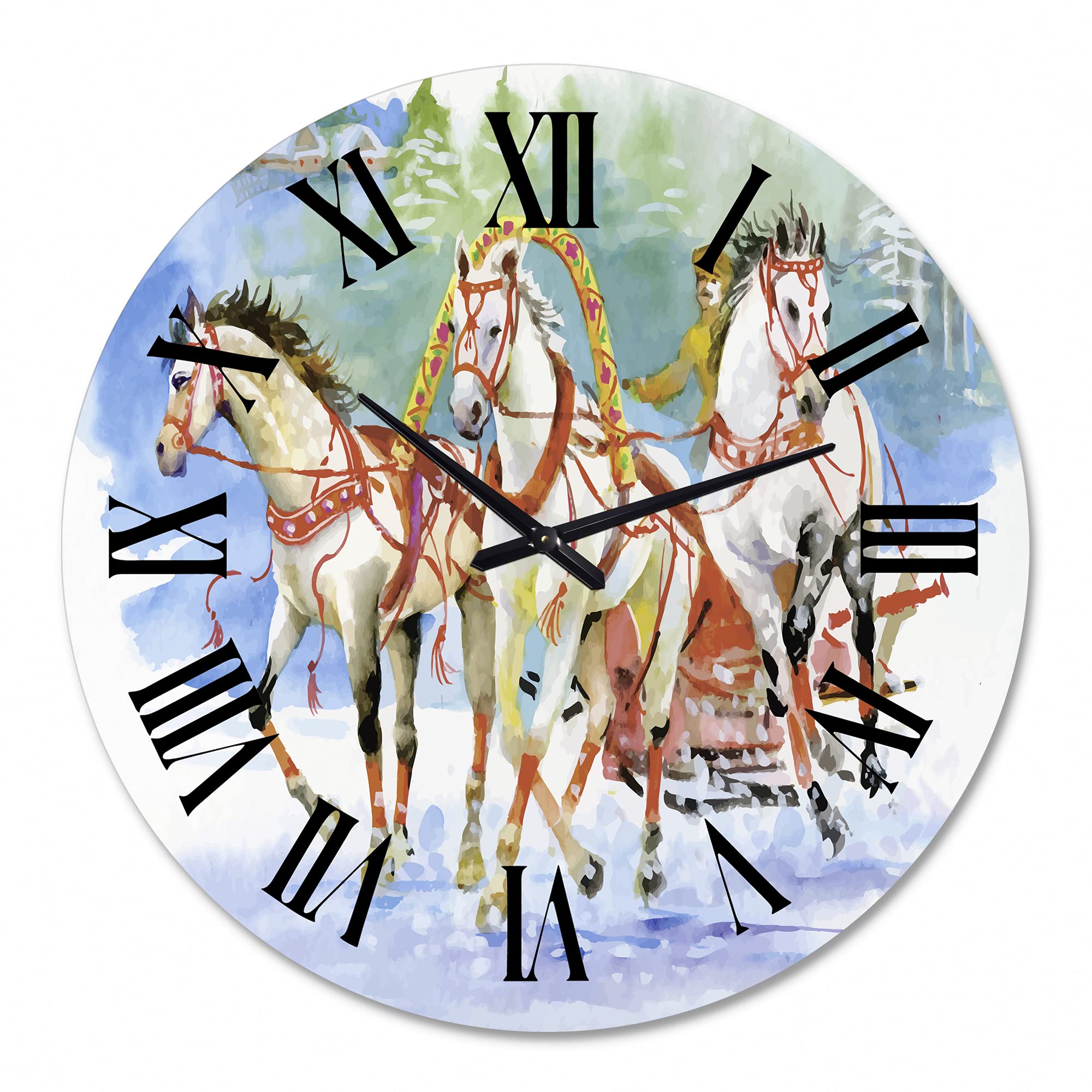 Farmhouse Wall Clock with Galoping Horses & Carriage in Snow - Large Rustic Animal Wall Decor for Living Room, Bedroom, Office | Perfect for Country Home, Cabin & Winter Themed Decor