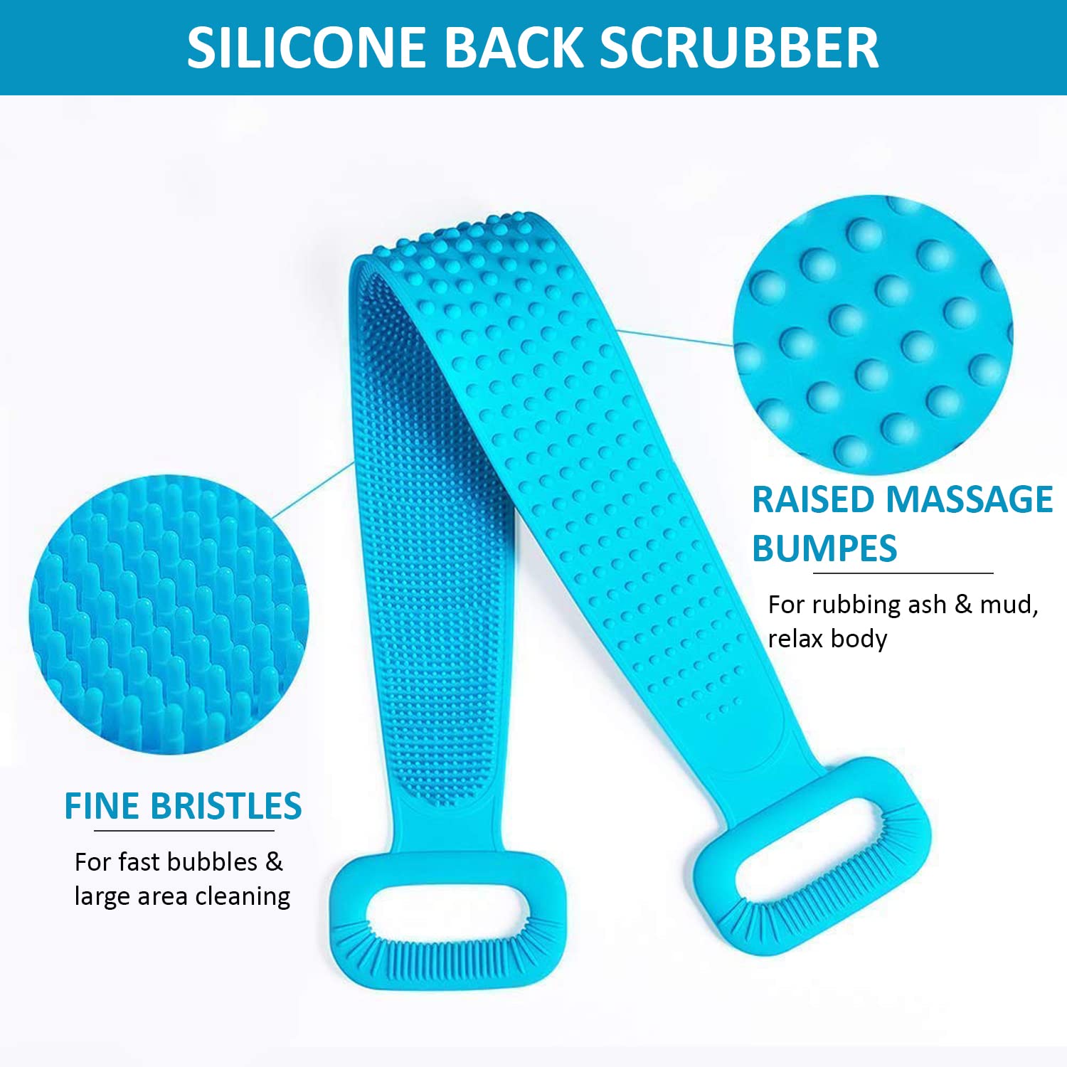Mini House Silicone Bath Back Scrubber Belt with Handle - Double Sided Exfoliating Brush for Deep Skin Cleaning - Perfect for Women & Men (Blue) - Ideal for Shower, Bath & Spa Relaxation