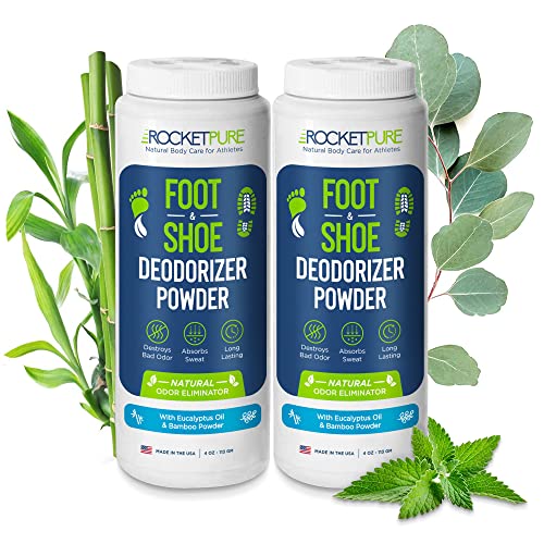 Rocket Pure Natural Foot Powder & Shoe Deodorizer - Odor Control for Feet & Shoes, Anti-Sweat Foot Powder, Talc-Free Deodorant (Eucalyptus Scent, 2-Pack) | Perfect for Gym, Hiking & Daily Use to Keep Feet Fresh