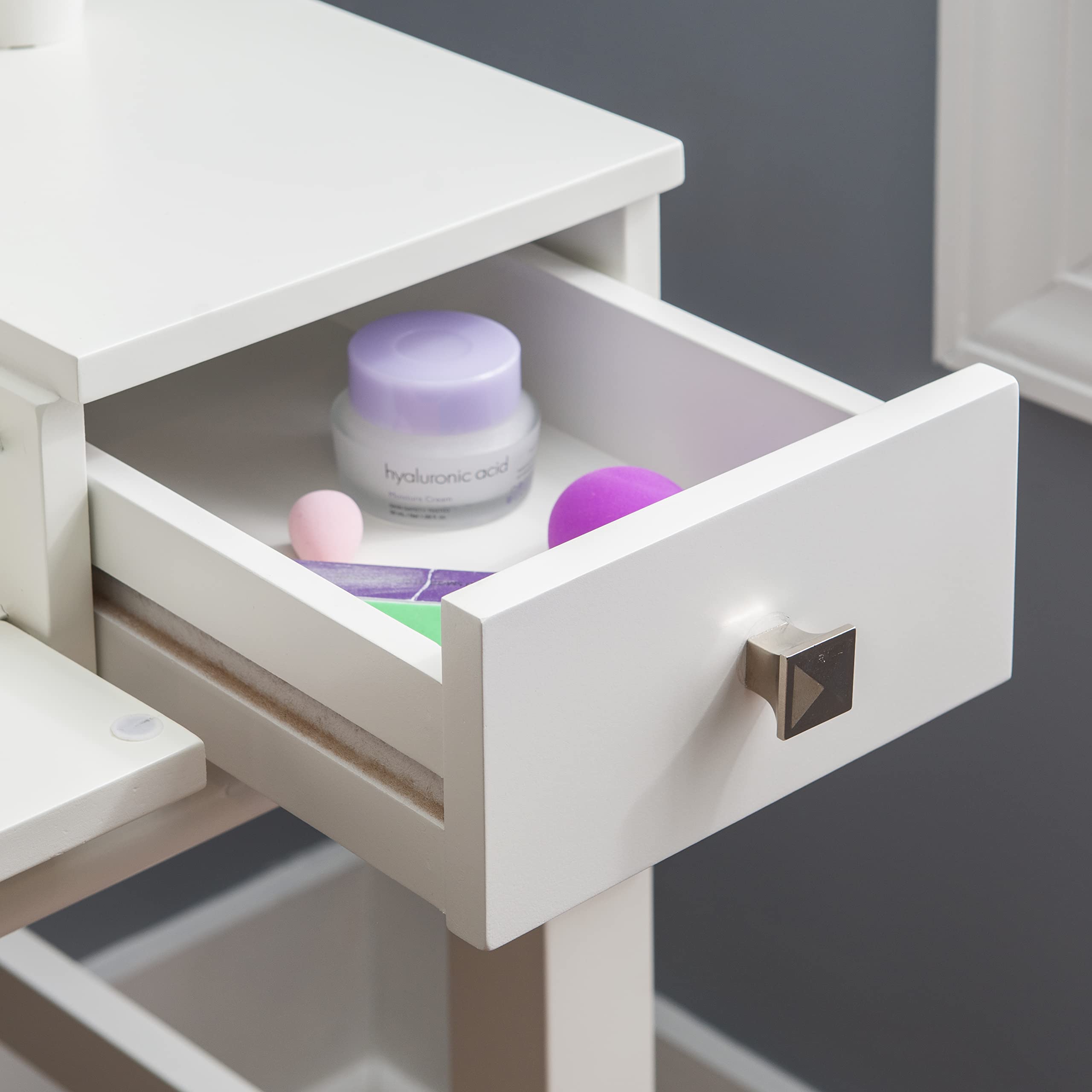 Linon White Angela Vanity Set with Mirror & Stool - Modern Dressing Table for Bedroom, Makeup Vanity Set with Storage for Women & Girls - Perfect for Home Decor, Cosmetics Organization & Beauty Routine
