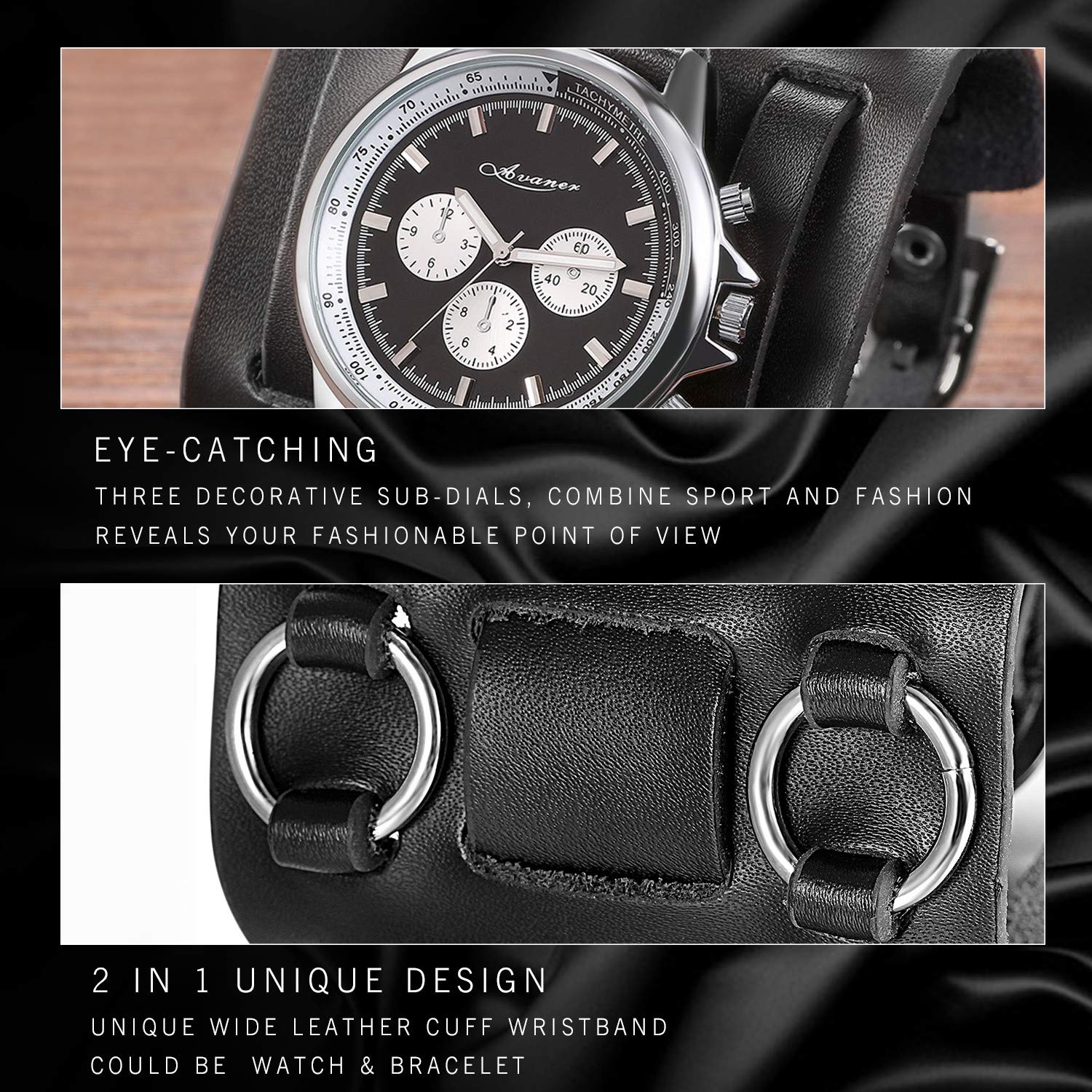 Men's Steampunk Retro Black Leather Cuff Bracelet Watch - Large Round Face Analog Quartz Sport Watch with Japanese Movement - Perfect for Vintage Fashion, Rock Concerts & Gothic Style Outfits
