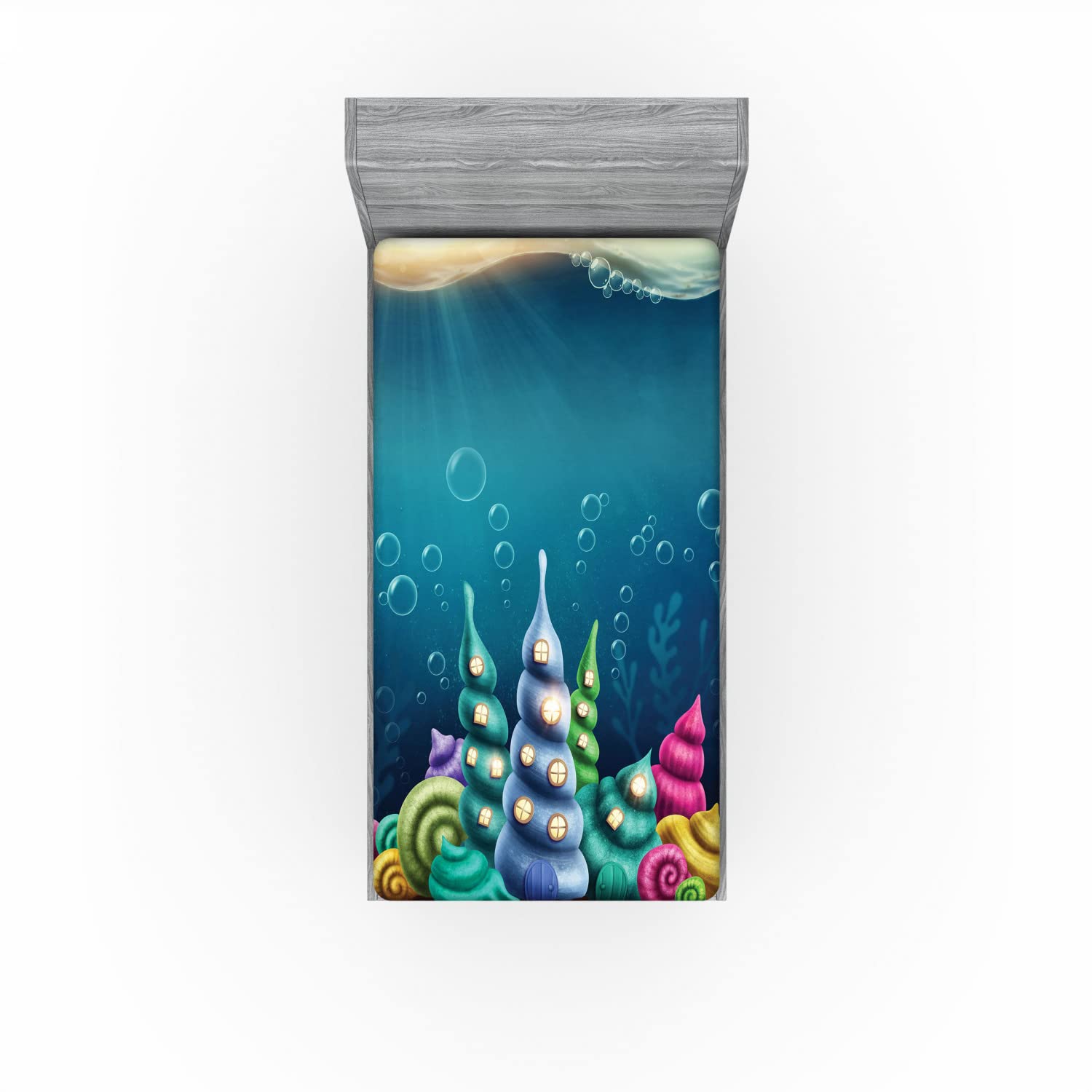 Ambesonne Ocean Fitted Sheet - Underwater Fantasy Kingdom with Shell Houses & Water Bubbles Cartoon Print, Deep Pocket Elastic Twin Size Bed Sheet in Teal Brown | Perfect for Kids' Rooms, Beach Themed Decor & Fantasy Bedroom Designs