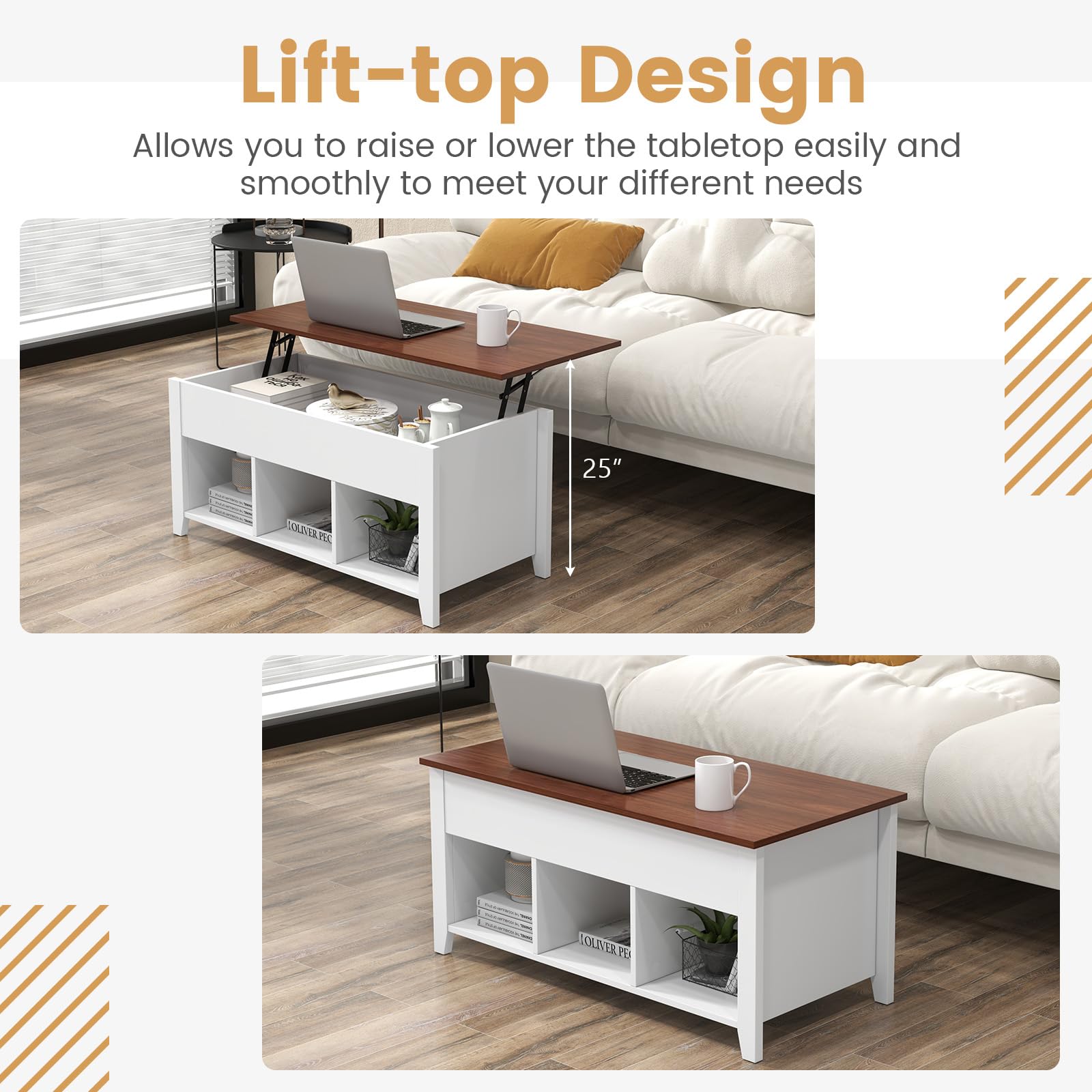 Lift Top Coffee Table with Hidden Storage Compartment & Display Shelves - Retro Style Living Room, Bedroom & Office Furniture - White & Brown Tea Dining Table for Small Spaces & Home Decor