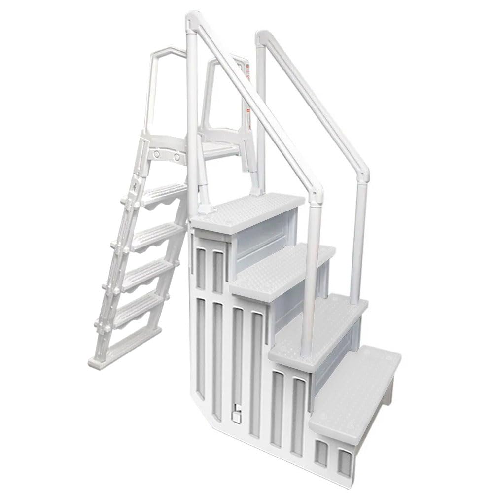 Aqua Select Anti-Slip Swimming Pool Steps with Flip-Up Ladder | White Above Ground Pool Stairs | Deck Mountable (48