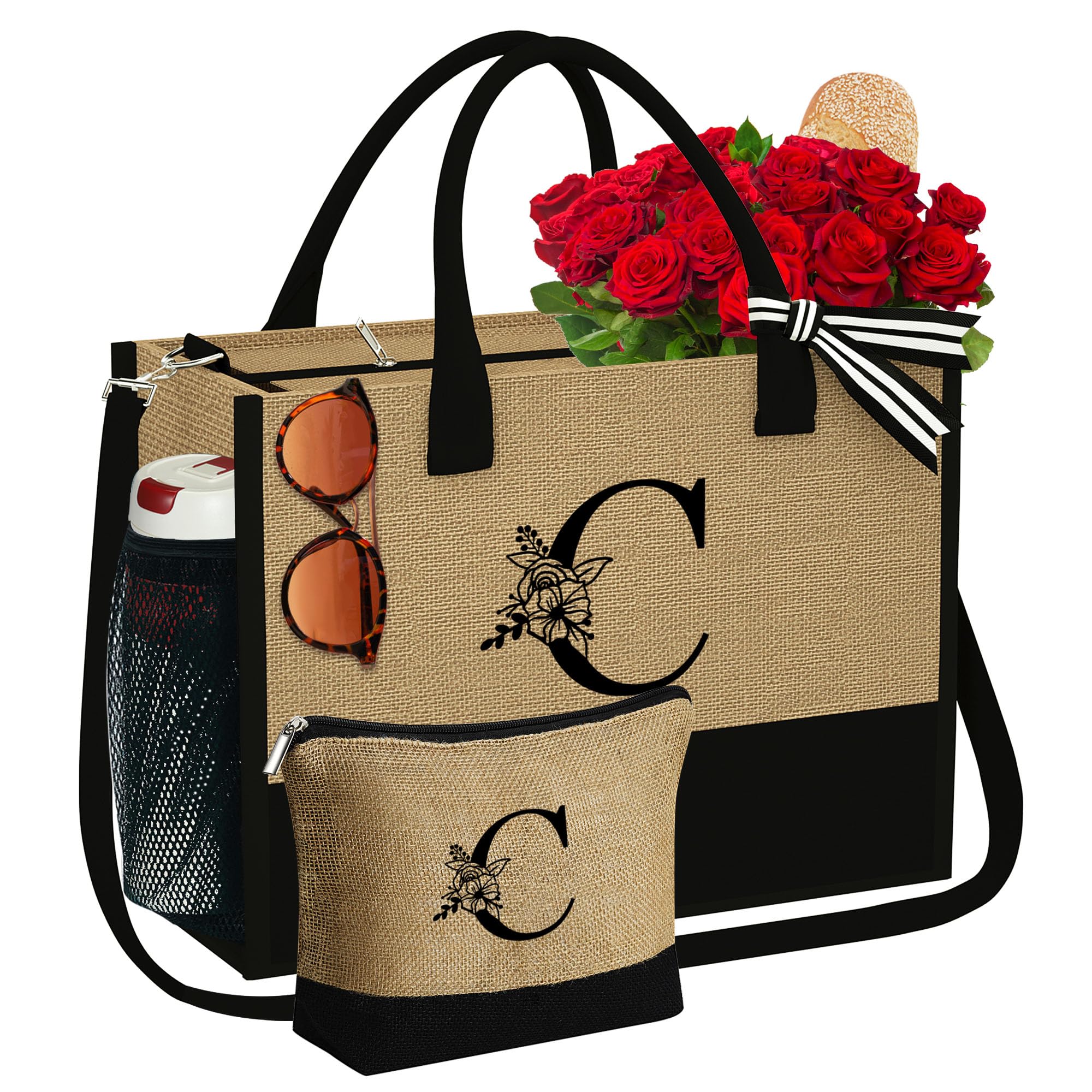 Personalized Monogram Jute Tote Bag with Zipper - Custom Initial Makeup Bag for Women | Eco-Friendly Friend & Birthday Gift | Perfect for Beach, Shopping & Daily Use