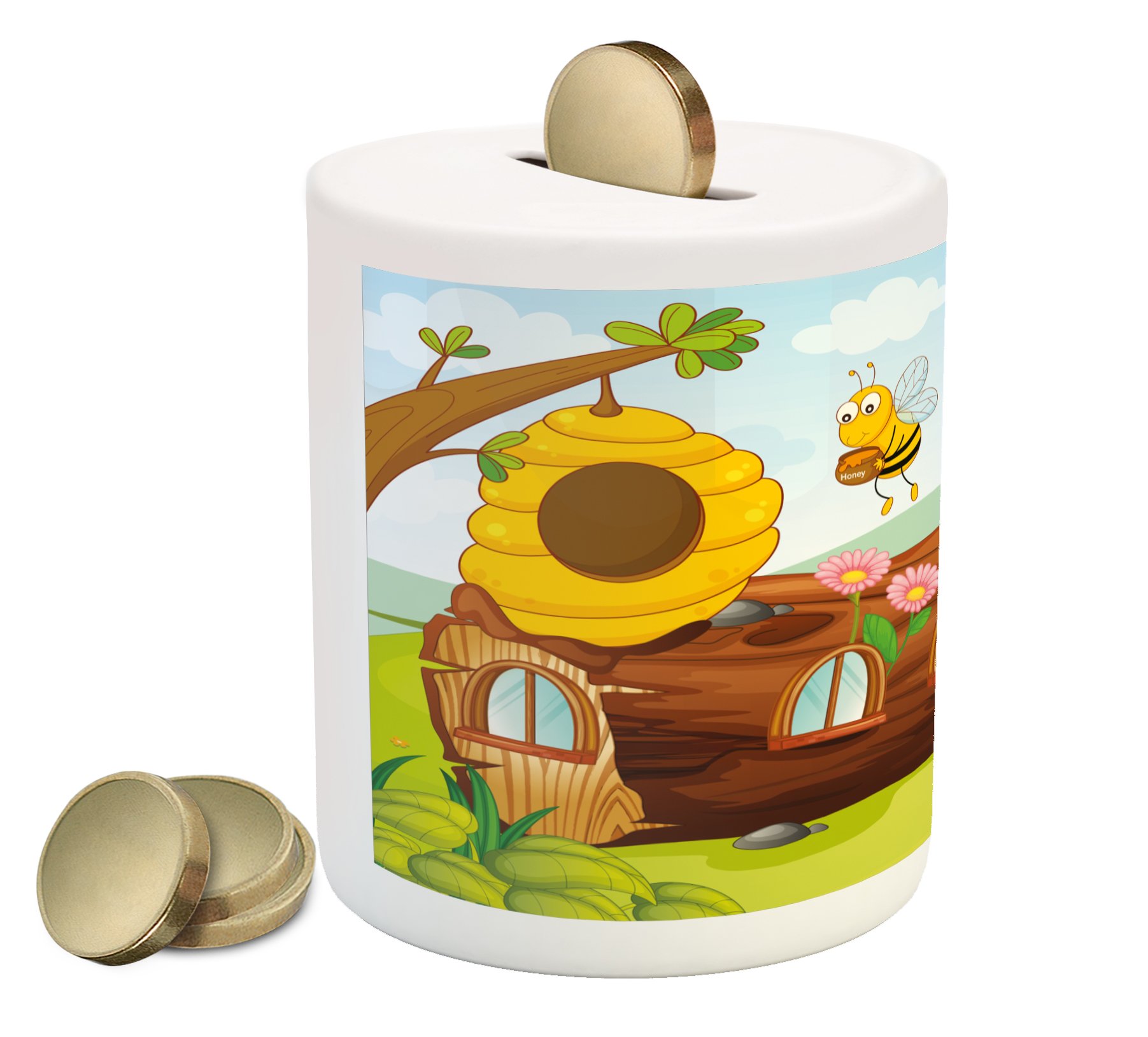 Lunarable Ceramic Piggy Bank - Cute Cartoon Design with Honeycomb Bees & Flowers, Nature-Inspired Art for Cash Saving (3.6