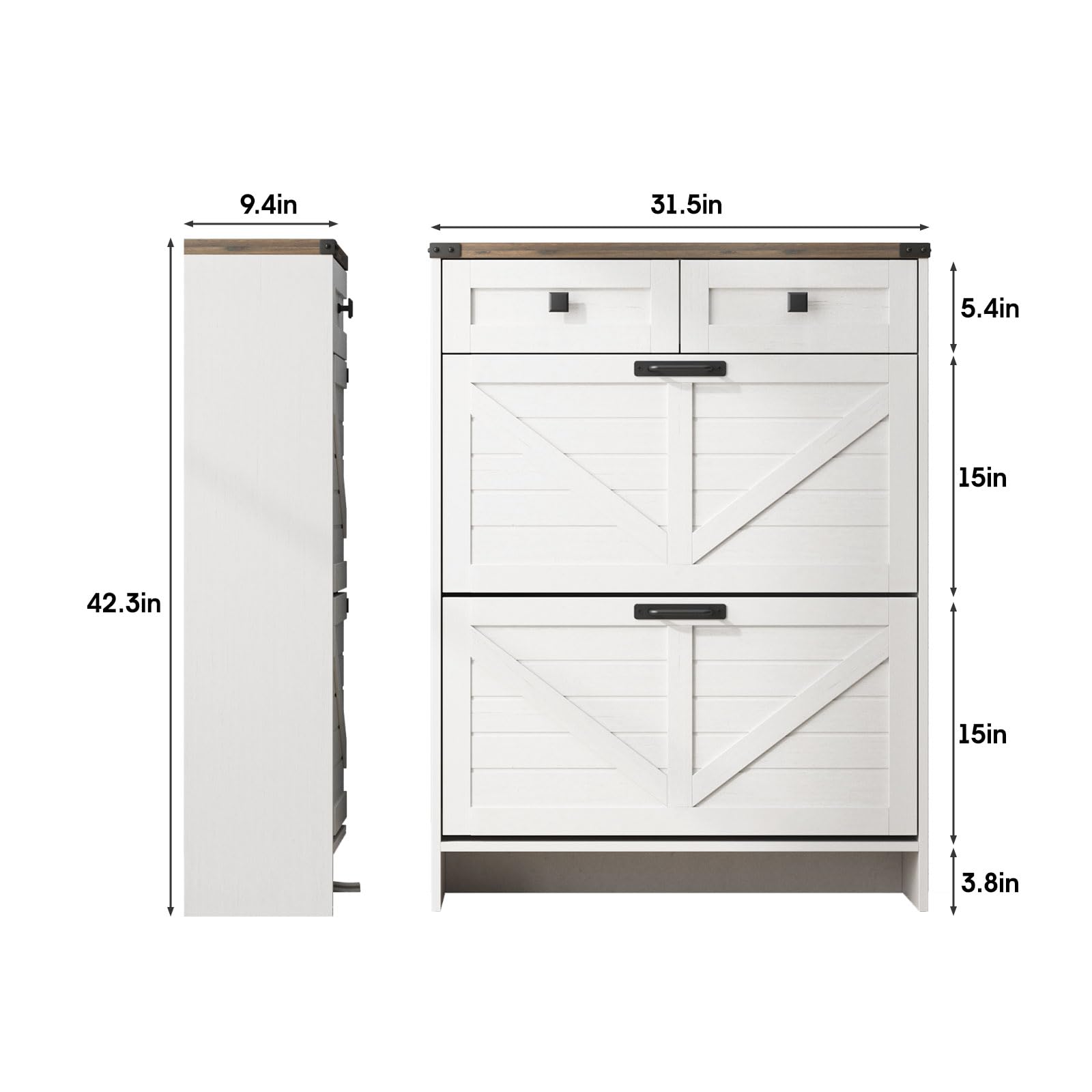 Farmhouse Shoe Storage Cabinet with 2 Flip Drawers & 2 Drawers - Slim Freestanding Entryway Organizer for Front Door - White | Perfect for Small Spaces, Hallway & Apartment Entry Organization