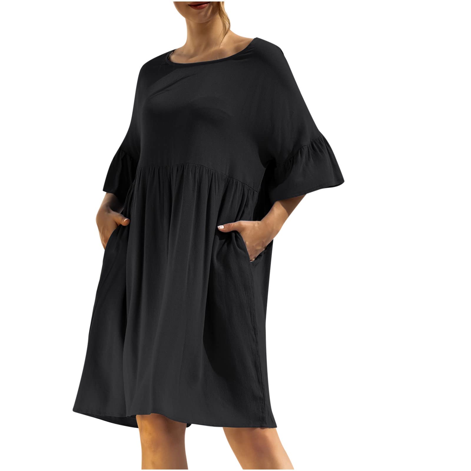 Women's Cute Shirt Dress with Pockets & Bell Sleeves - Crewneck Pleated Knee-Length Flowy Midi Dress for Casual Wear, Office & Date Night