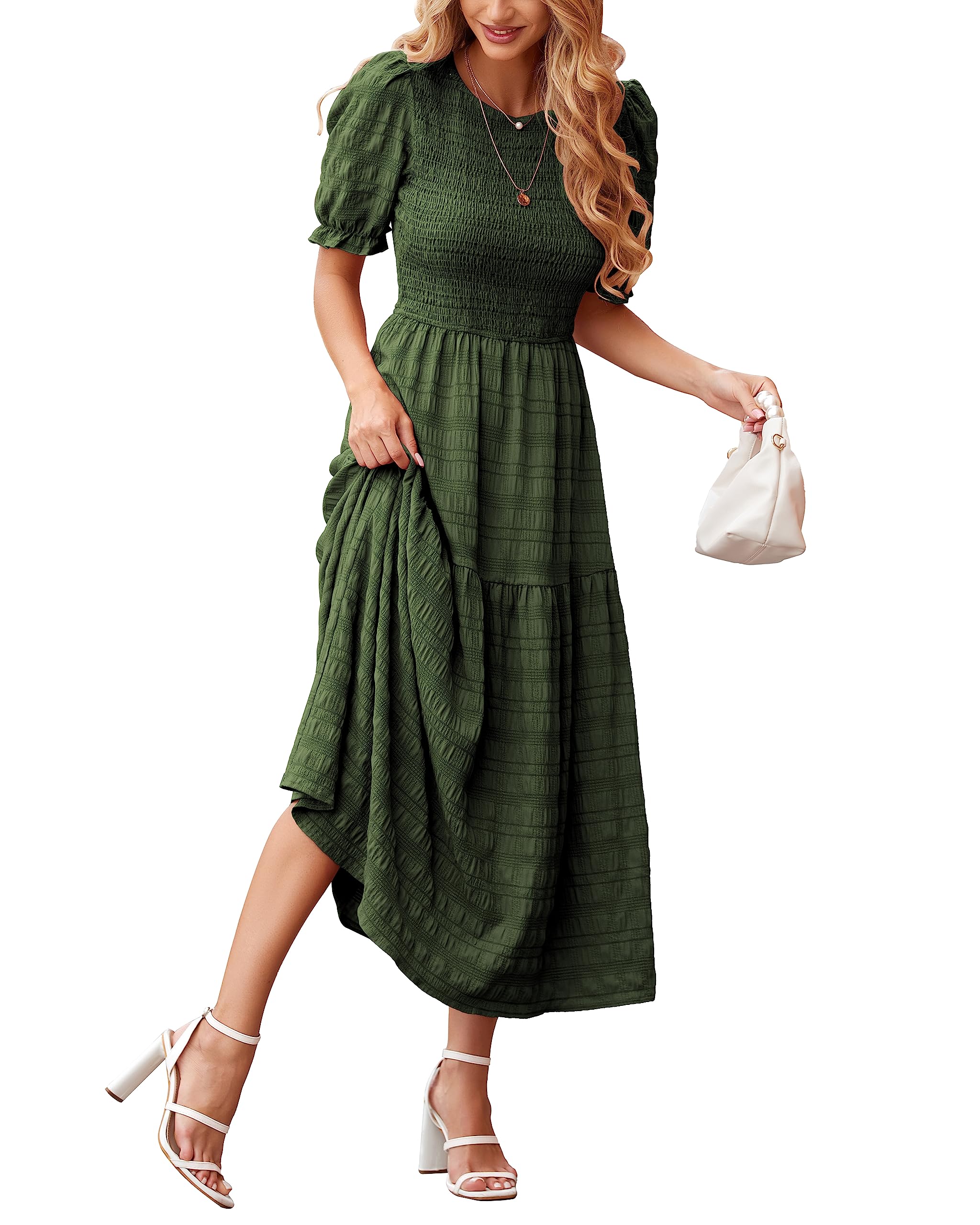 Dowerme Women's Summer Maxi Dress 2025 - Casual Short Sleeve Crewneck Smocked Boho Sundress with Puff Sleeves & Ruffle Hem | Perfect for Beach, Party, Vacation & Outdoor Events