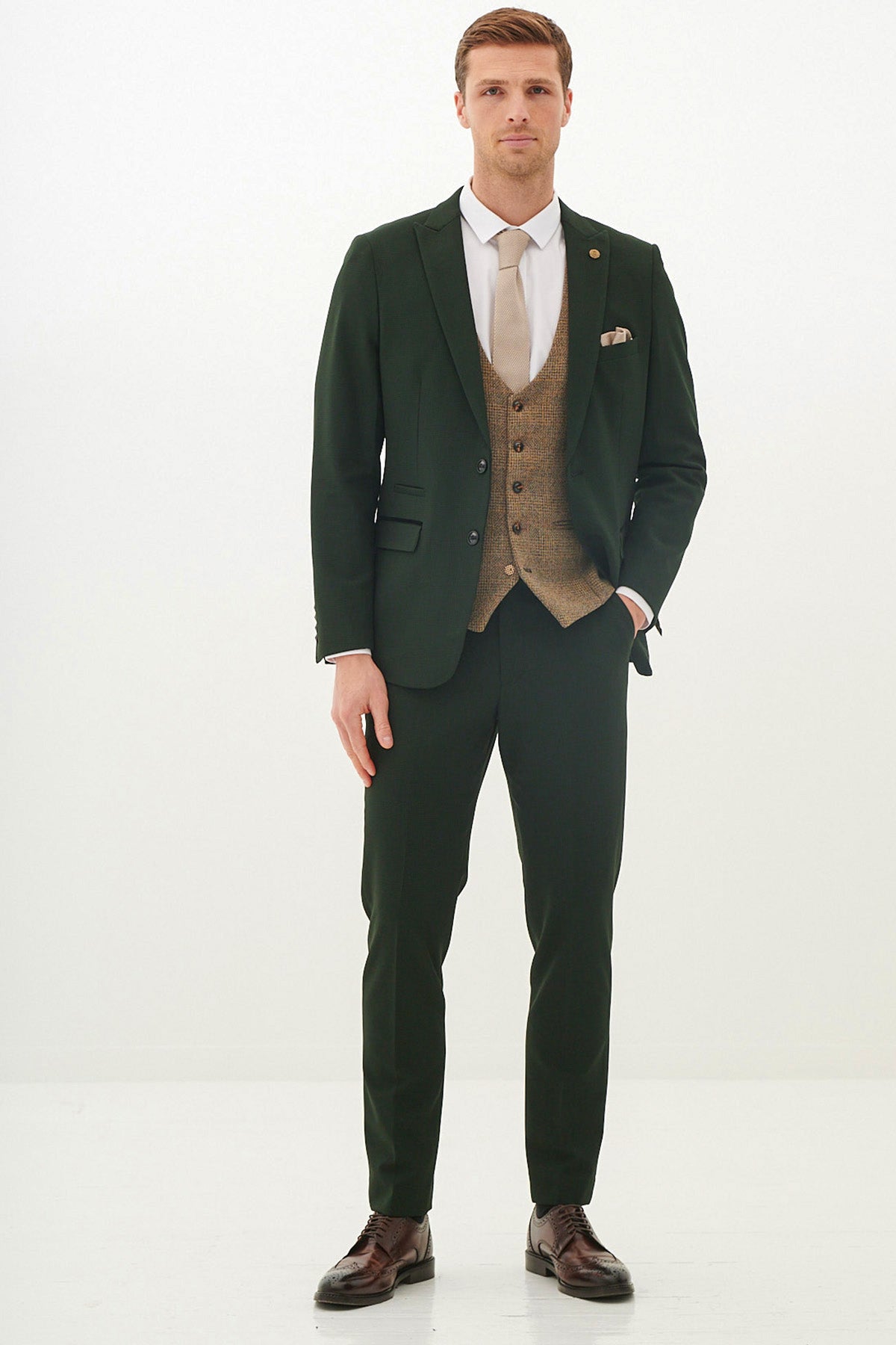 BROMLEY Olive Green Check Suit with Kris Tan Tweed Waistcoat - Stylish Men's Formal Attire for Weddings, Business Meetings & Special Occasions