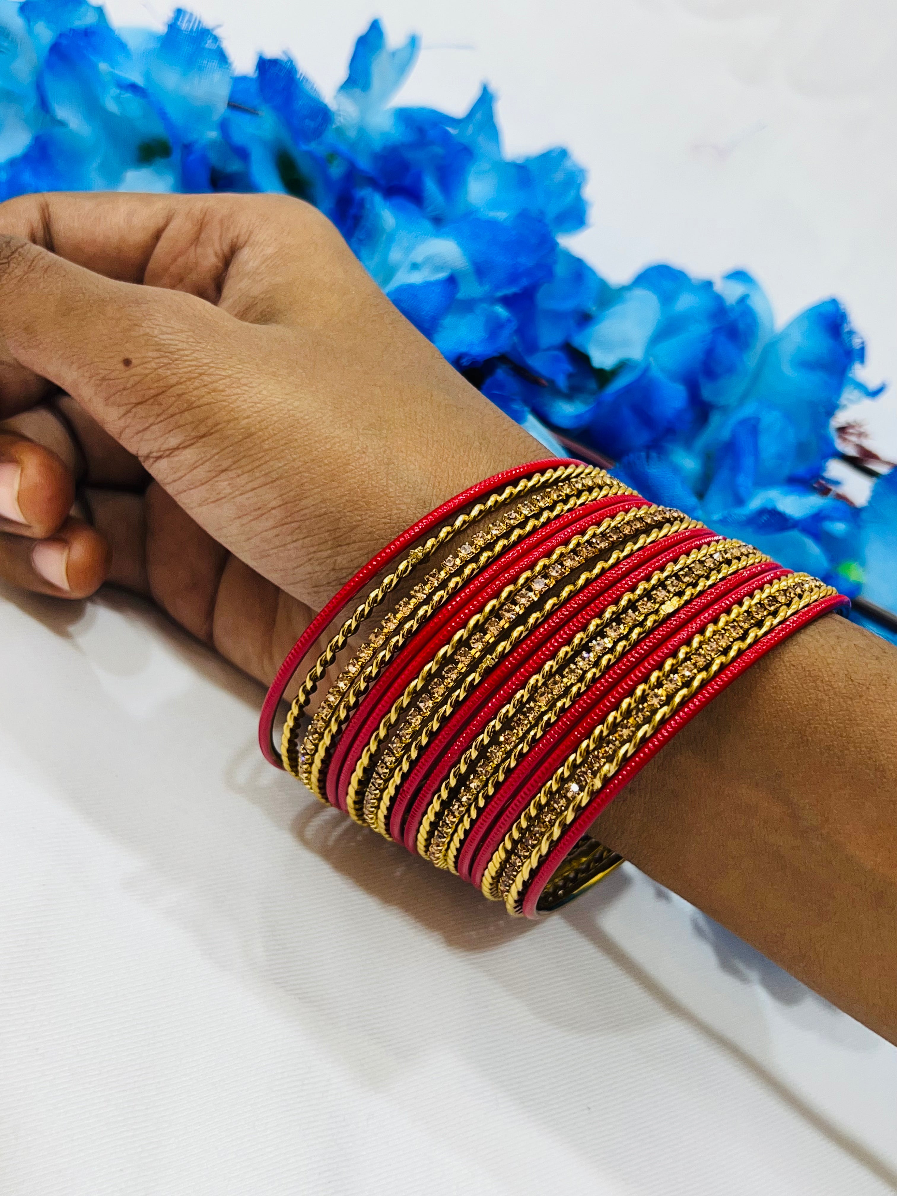 Elegant Red Metal Bangles with Glimmer Stones for Women | Stylish Fashion Jewelry for Parties, Weddings & Everyday Wear