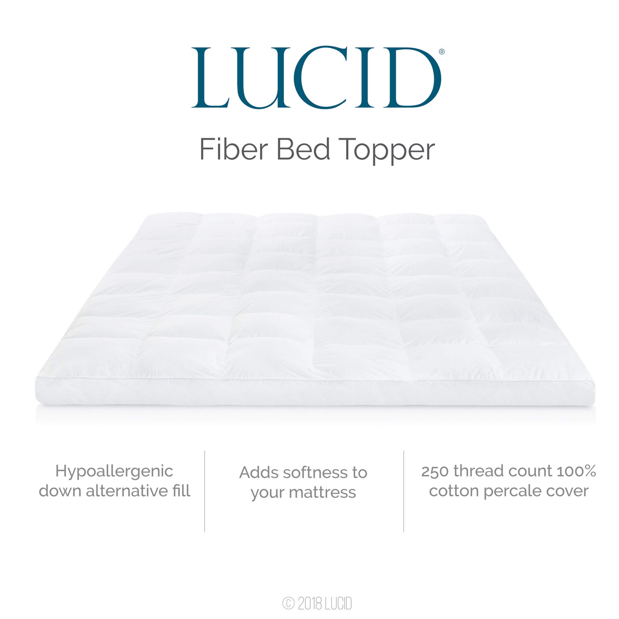 LUCID Ultra Plush 3 Inch Down Alternative Fiber Mattress Topper - Hypoallergenic Pillow Top with Soft Breathable Cotton Percale Cover - Full Size White - Perfect for Allergy Sufferers & Enhanced Sleep Comfort