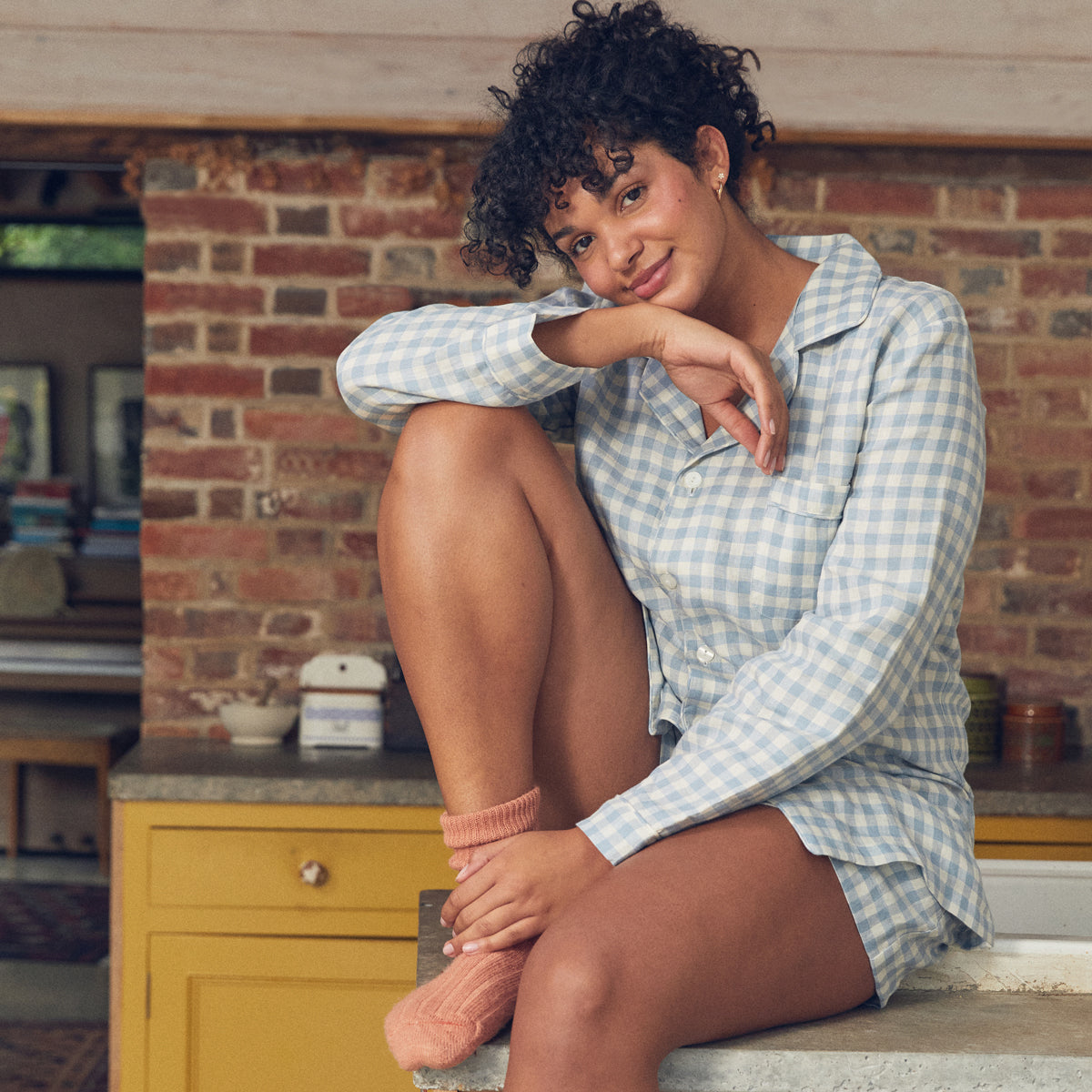Cozy Blue Gingham Linen Pajama Shorts Set for Women - Soft Summer Sleepwear & Lounge Wear for Relaxing at Home