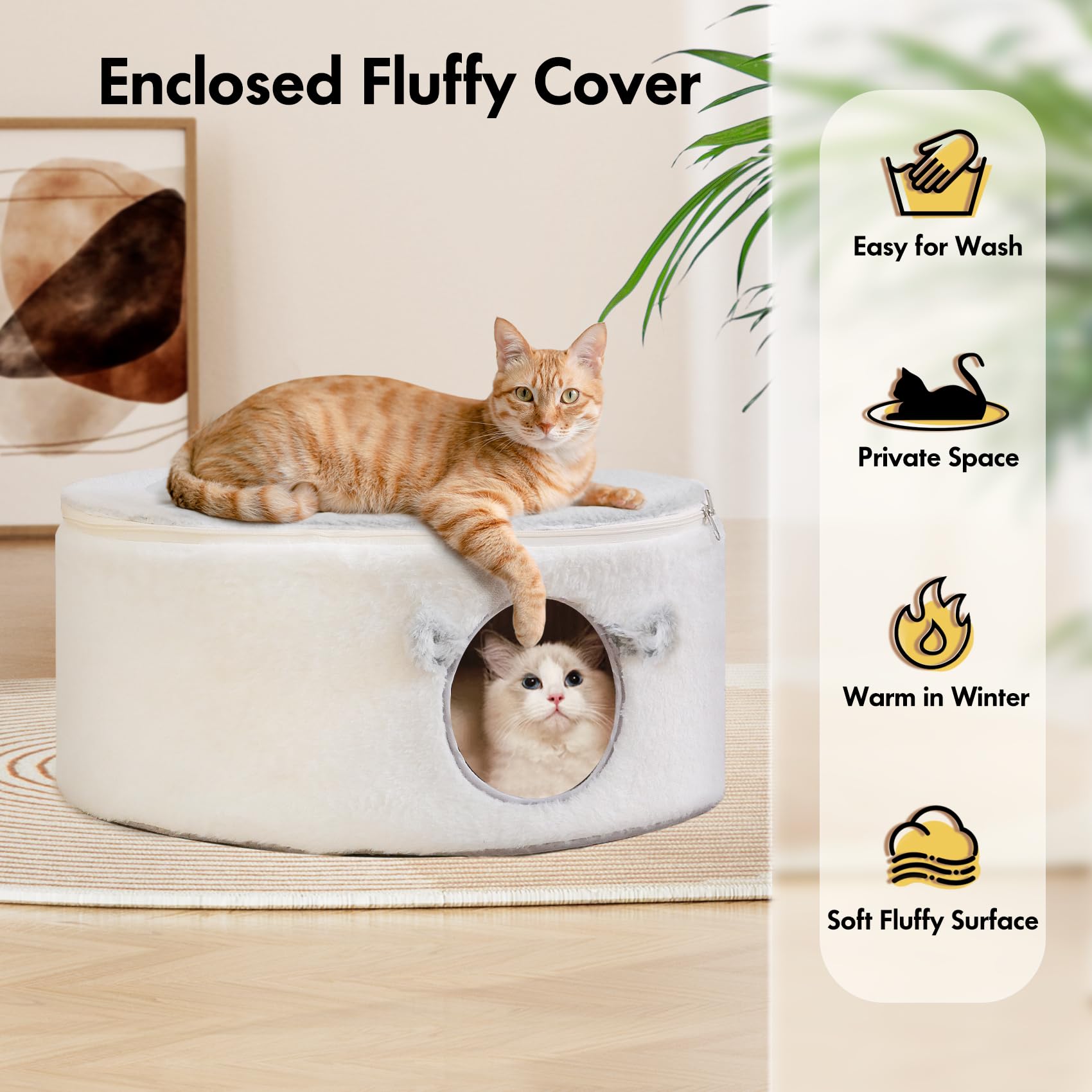 Cozy Fluffy Cat Cave Bed for Indoor Cats - Large Enclosed Cat House with Removable Washable Cover, Perfect for Kittens & Small Dogs | Oval Cat Hideaway for Sleeping & Relaxing in Living Room or Bedroom