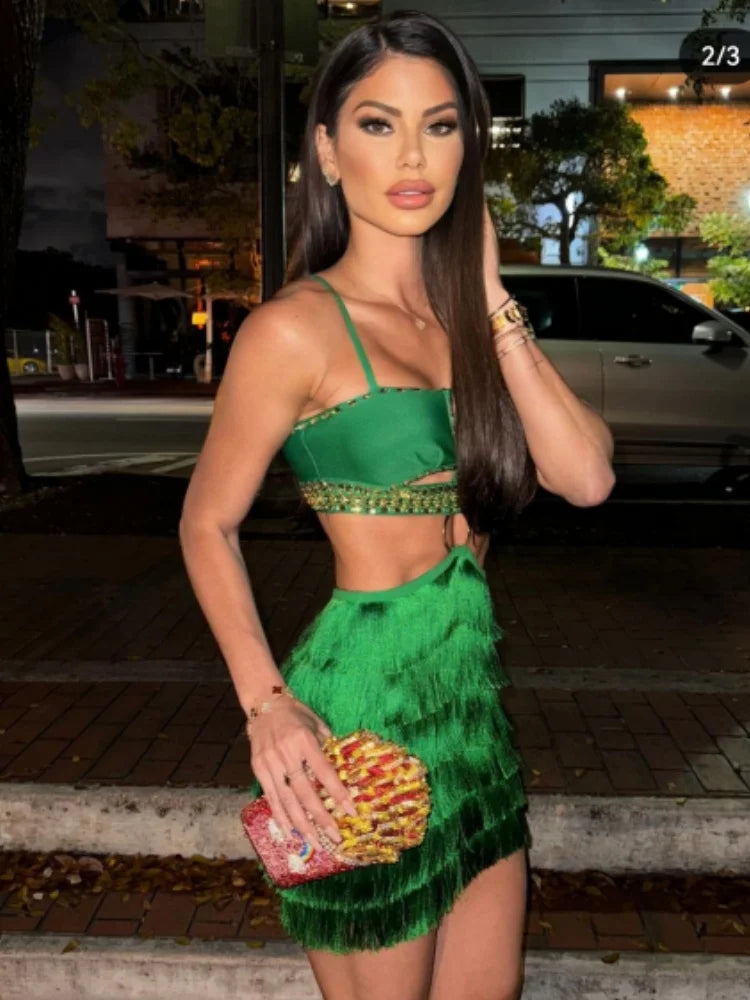 2024 Sexy Green Bodycon Mini Dress with Tassels & Shining Crystals - Women's Bandage Club Dress for Nightclub, Party & Celebrations - Perfect for Clubbing, Bachelorette & Special Occasions