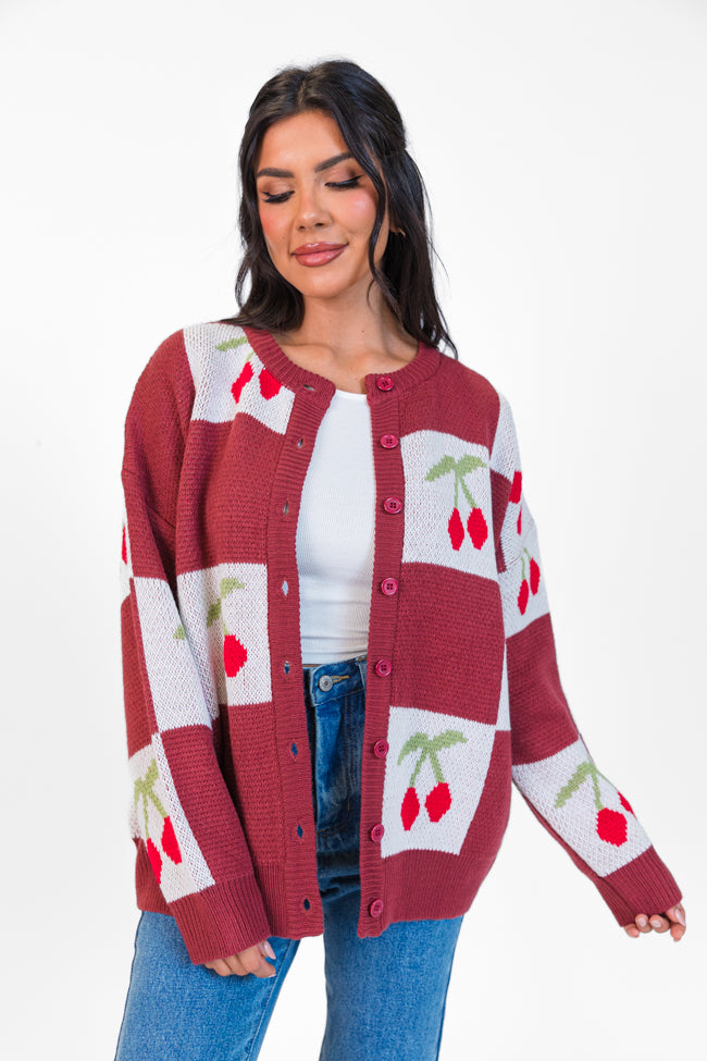 Cherry Much In Love Brick and White Multi Checkered Cardigan - Cozy Knit Sweater for Women | Perfect for Fall, Winter & Casual Outfits