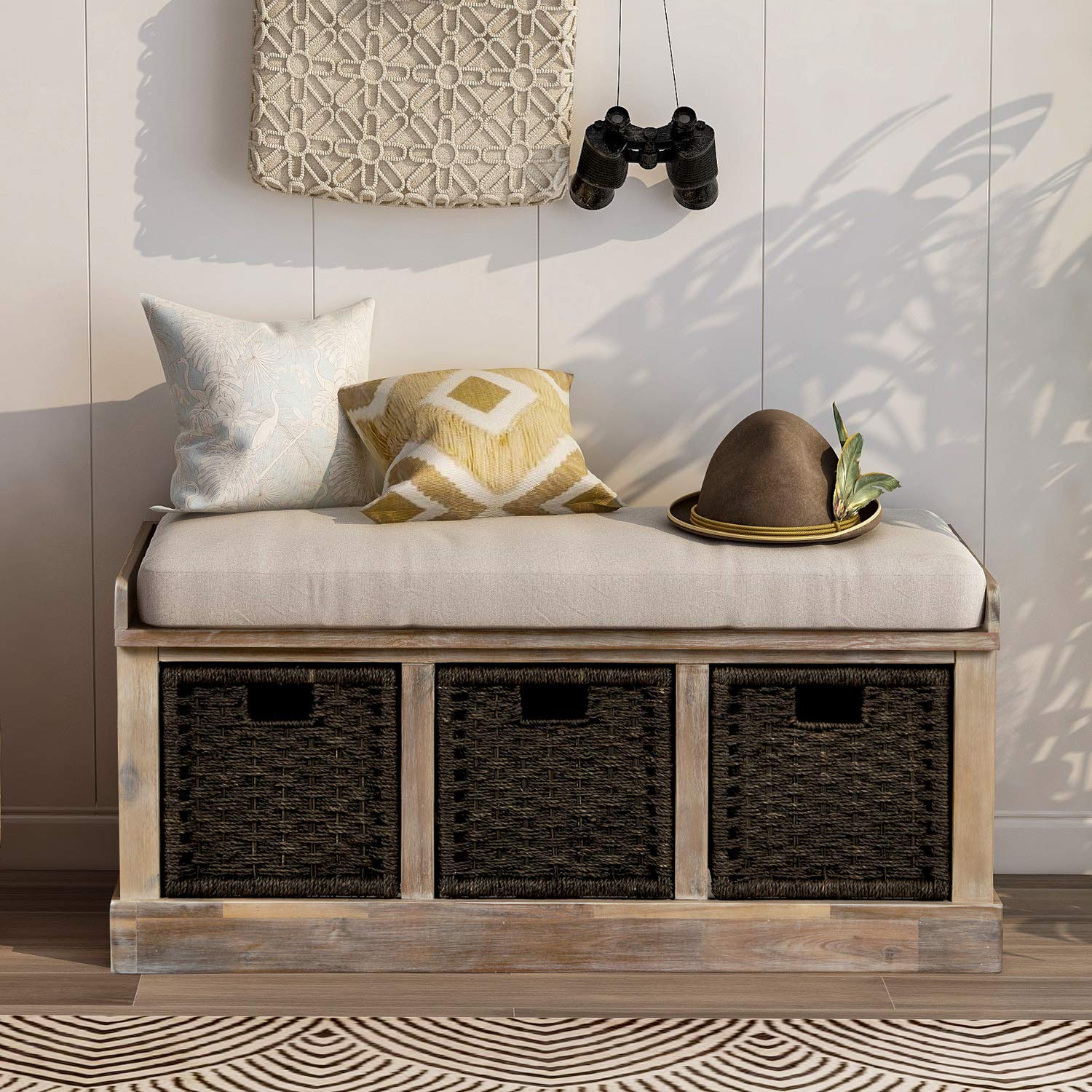 Rustic Acacia Wood Entryway Storage Bench with 3 Removable Rattan Baskets & Cushion - White Washed Farmhouse Style for Hallway, Living Room & Bedroom Organization