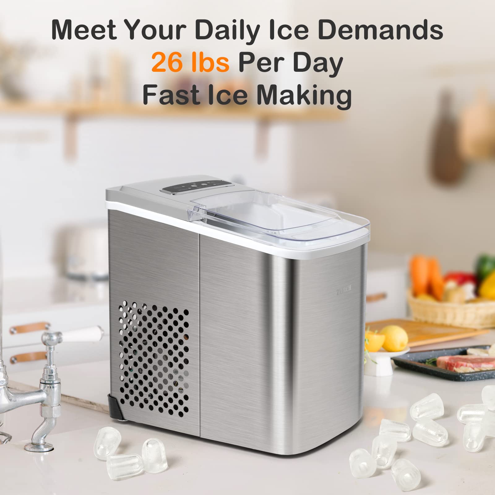 Portable Ice Maker Machine - 26lbs Daily Output, Large & Small Ice Cube Options, Easy to Clean Countertop Ice Maker for Home, Office, Party & Outdoor Use - Perfect for Cocktails, Beverages & Summer Entertaining