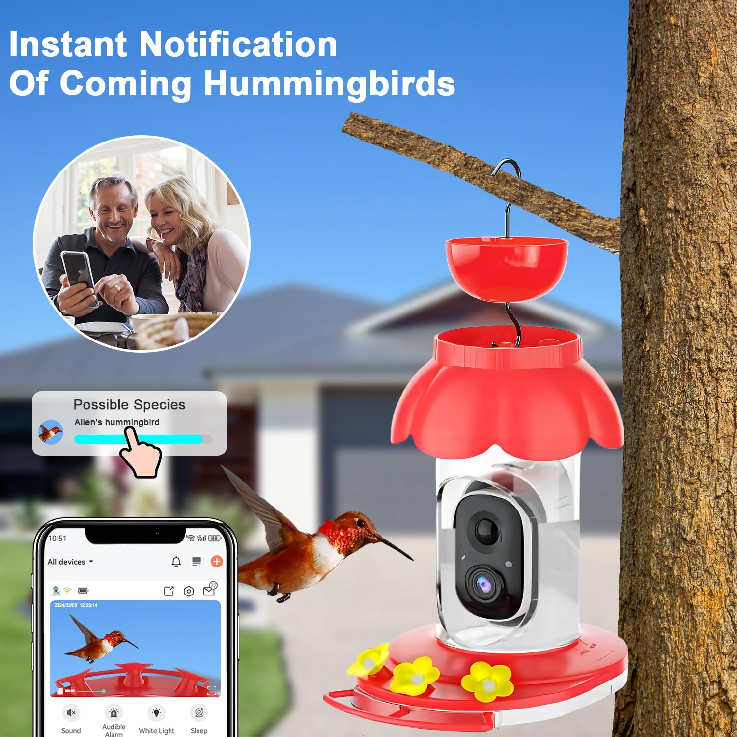 Smart Hummingbird Feeder with Wireless AI Camera - Outdoor Bird Feeder with Motion Detection & Auto Video Capture - Perfect Gift for Bird Lovers - Watch Live & Record Bird Activities in Your Garden