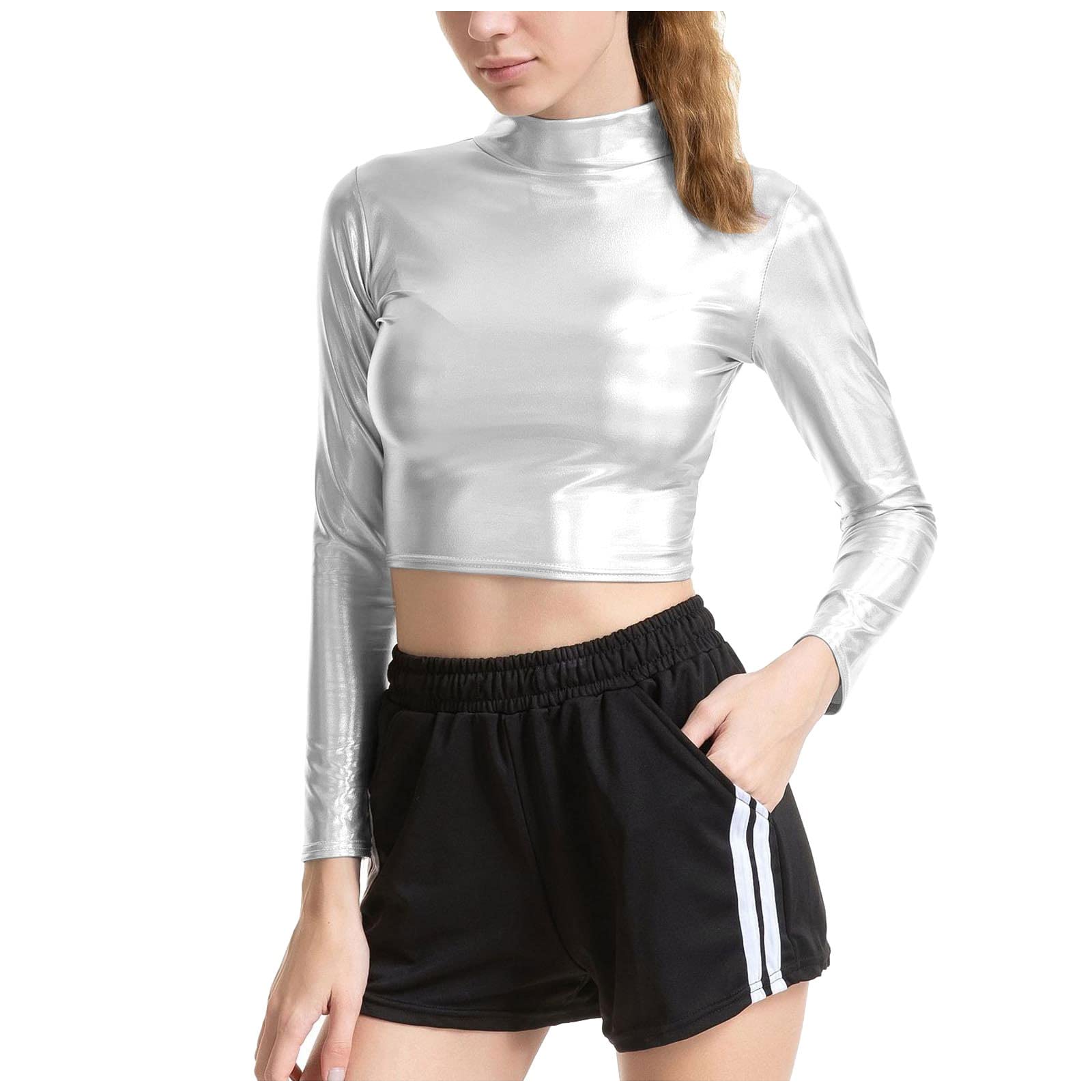 Sparkly Sequin Turtleneck Crop Top for Women - Long Sleeve Slim Fit Vintage Style Solid Color Party Shirt | Perfect for Christmas, NYE, Club Outfits & Date Nights