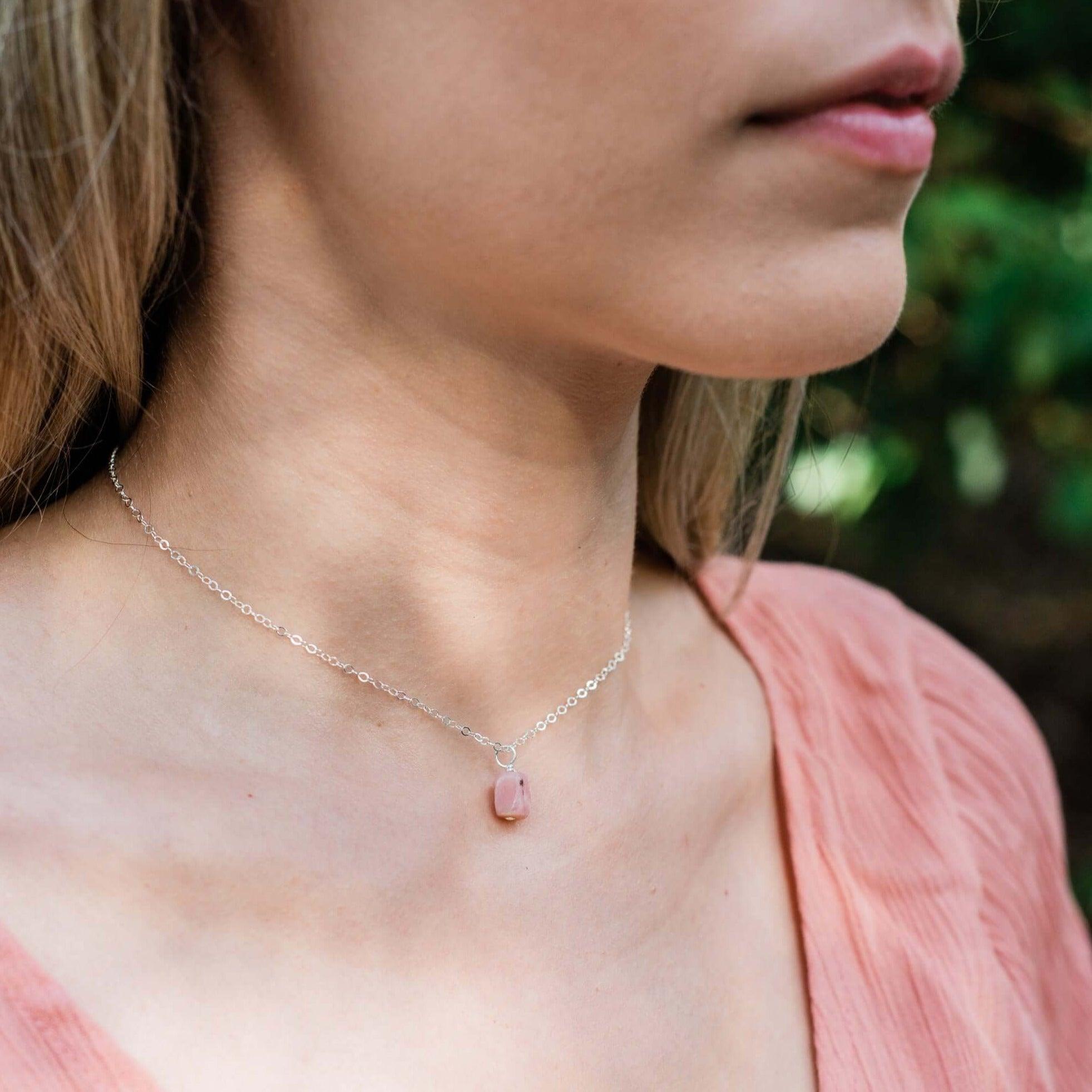 Natural Pink Peruvian Opal Gemstone Pendant Necklace - Dainty Choker for Women, Boho Jewelry Gift for Her, Perfect for Everyday Wear & Special Occasions