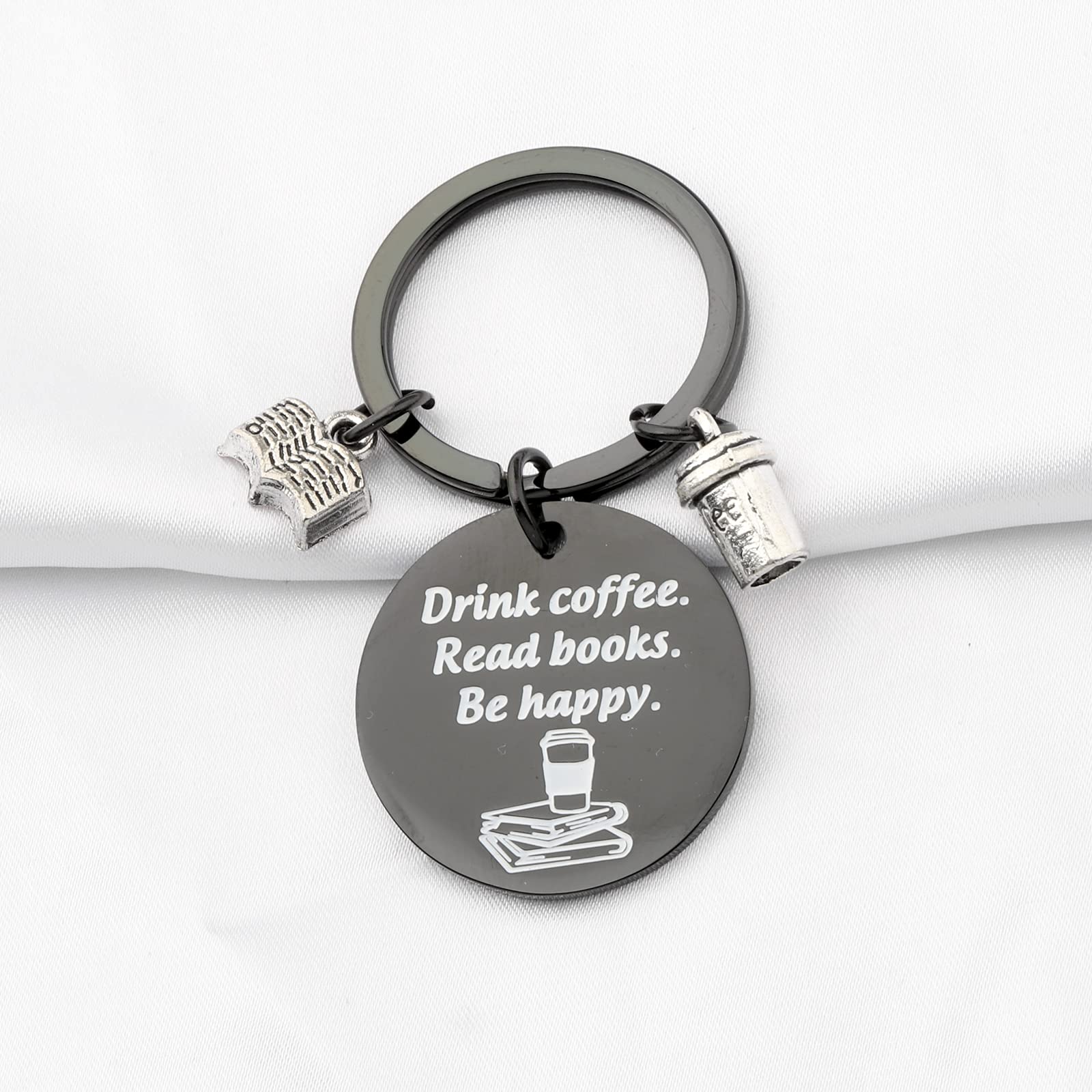BEKECH Book & Coffee Lovers Gift Keychain - Inspirational 'Drink Coffee Read Books Be Happy' Charm - Perfect for Readers, Writers & Bibliophiles (Great for Book Clubs, Gifts & Everyday Carry)