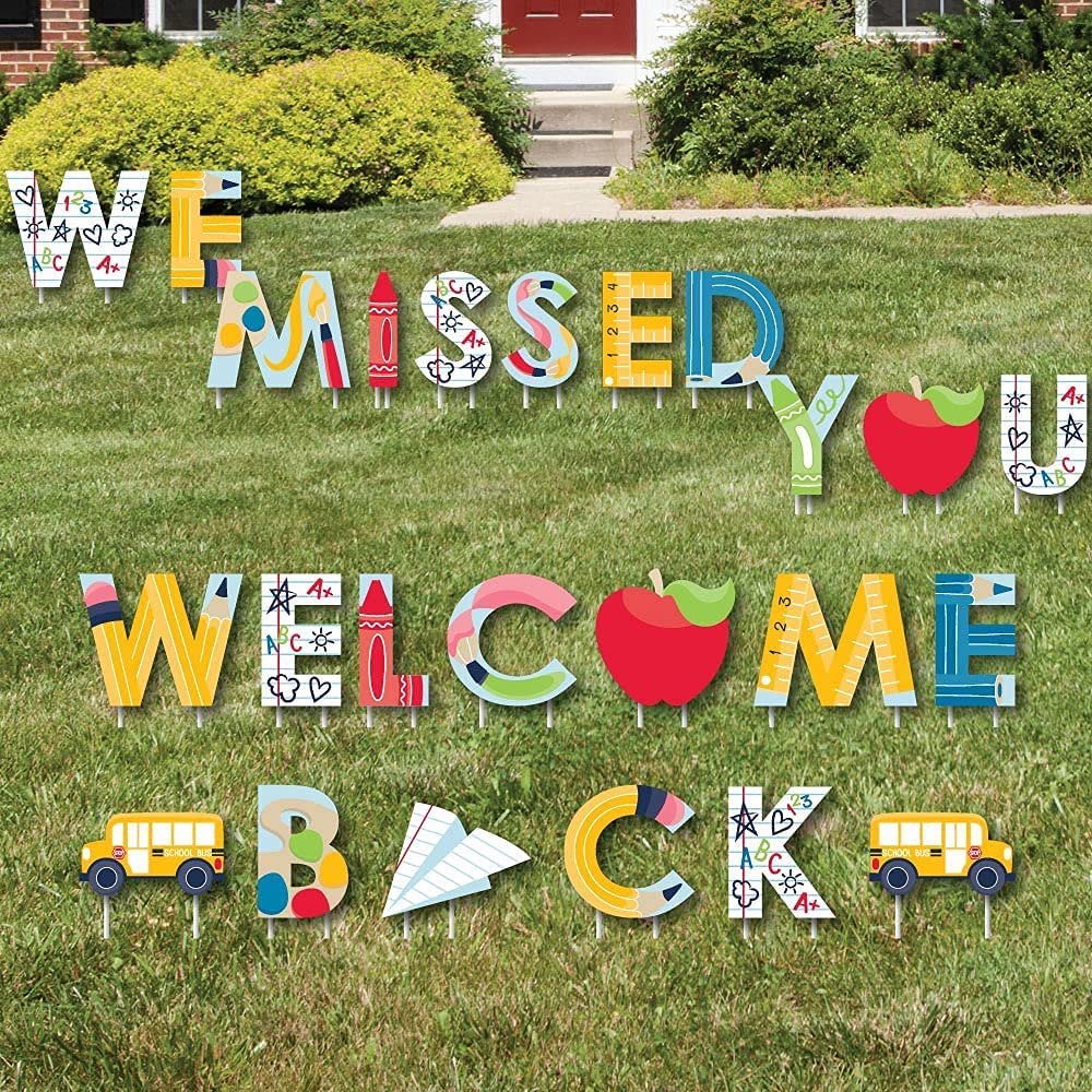 Big Dot of Happiness Back to School Yard Signs - First Day of School Welcome Decor for Classroom & Lawn - Outdoor 'We Missed You' Signs Virtual Bundle - Perfect for School Celebrations, Teacher Gifts & Virtual Learning Decorations