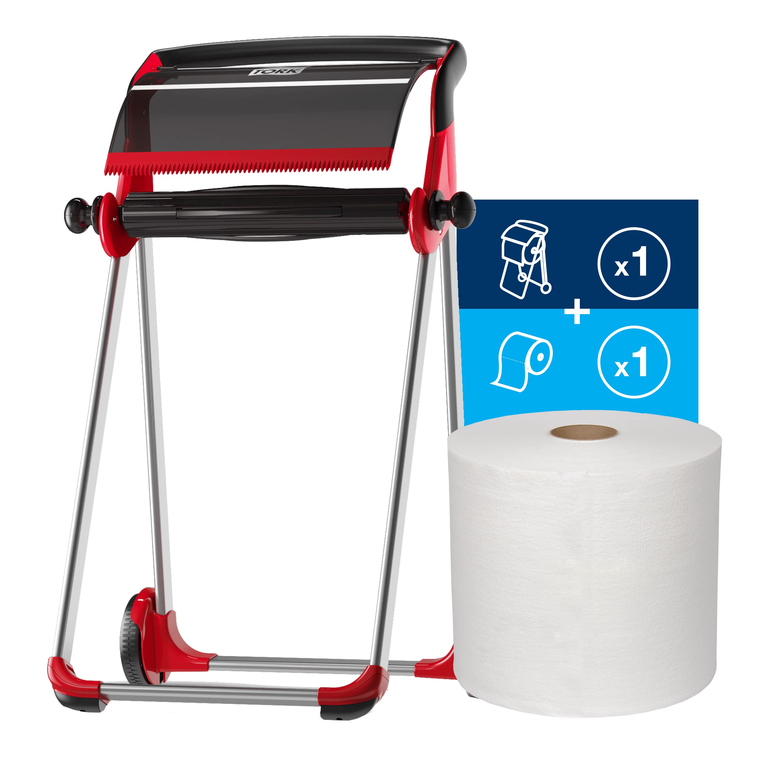 Tork Industrial Floor Stand Paper Towel Roll Dispenser - Heavy Duty Commercial Red Dispenser with 1 Refill Roll (800 Sheets) - Ideal for Restaurants, Hospitals, and Office Cleaning