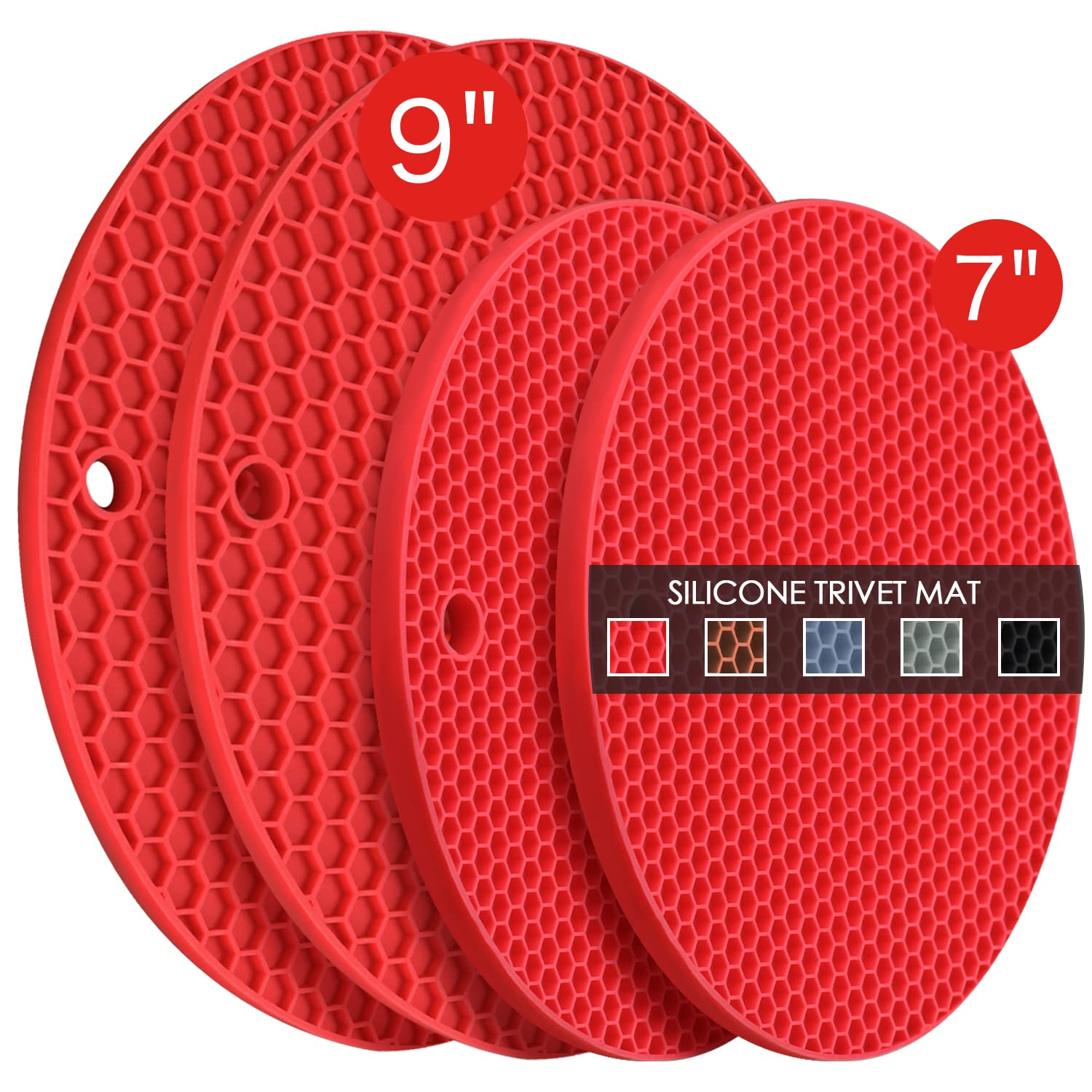 Heat Resistant Silicone Trivets for Hot Pots & Pans - 4PCS Oversized Kitchen Pot Holders, Hot Pads, Spoon Holder & Jar Opener - Non-Slip Drying Mat for Countertops (Red) - Perfect for Cooking, Baking & Serving Dishes