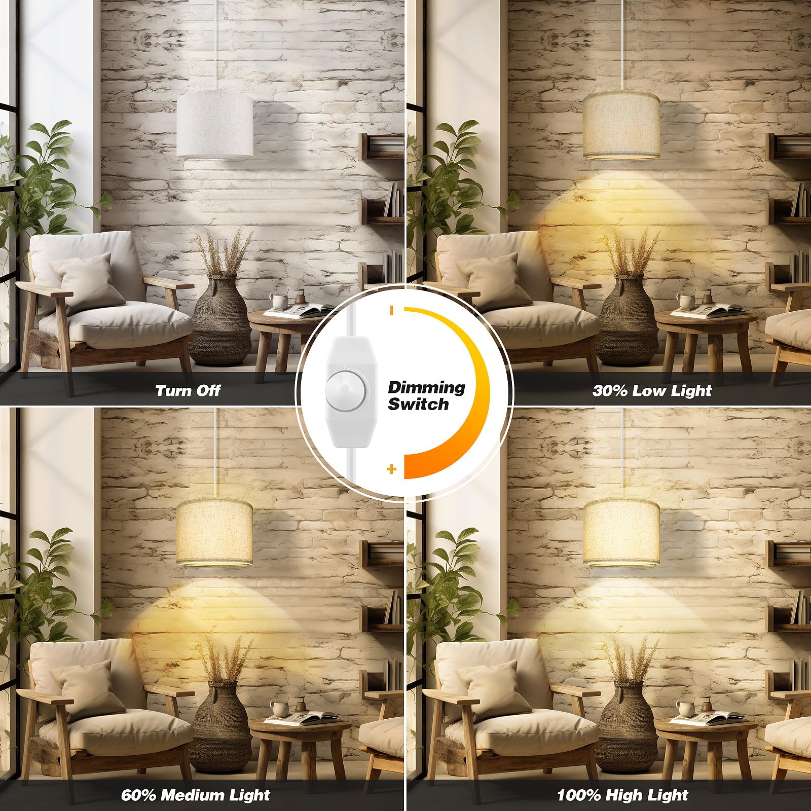 Dimmable Plug-in Pendant Light with 15 FT Cord & Fabric Shade - Modern Hanging Lamp for Living Room, Bedroom, Dining Room & Kitchen | Perfect for Ambient Lighting, Home Decor & Cozy Spaces
