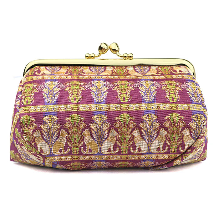 Authentic Kyoto Nishijin Woven Small Pouch - Cat & Mauve Design | Japanese Gamaguchi Cosmetic Bag for Makeup, Travel Toiletry & Stationery | Premium Bag Organizer & Bag-in-Bag Accessory | Perfect for Daily Use, Gift Giving & Japanese Culture Enthusiasts