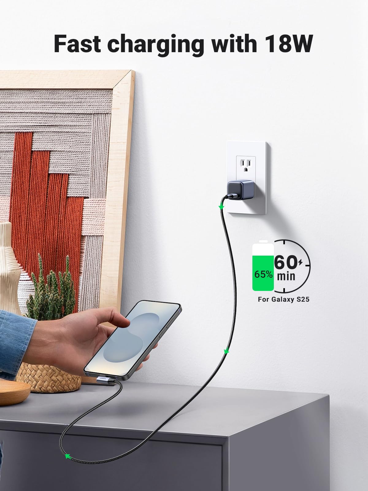 UGREEN 90 Degree Right Angle USB C Cable 3.0 - 5Gbps Fast Charging & Data Sync Nylon Braided Cord (1.5ft) - Compatible with Galaxy S25/S24 Ultra, Pixel 9/8/7, PS5 Controller, LG Velvet - Perfect for Gaming, Travel & Tight Spaces Charging