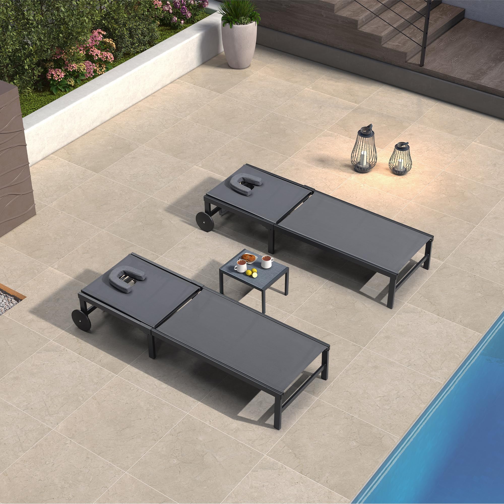 PURPLE LEAF Adjustable Reclining Outdoor Lounge Chair Set with Face Hole - Patio Sunbathing Lounger for Poolside, Beach & Backyard - Includes Wheels, Pillows & Table - Durable Aluminum Frame (Grey) - Perfect for Relaxing, Tanning and Outdoor Lounging