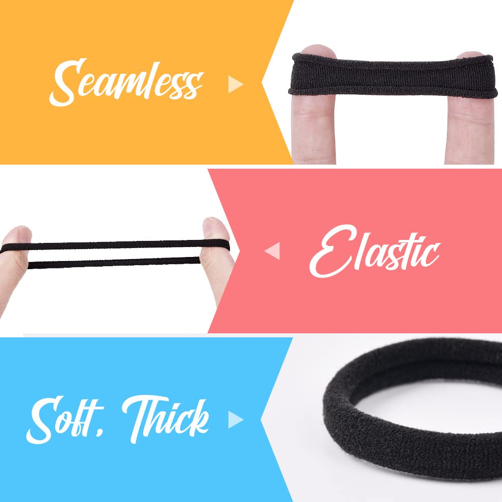 IKOCO 50Pcs Black Cotton Hair Ties - Seamless No Damage Hair Bands for Thick Hair, Soft Ponytail Holders for Women & Men - Perfect for Workouts, Office & Daily Styling