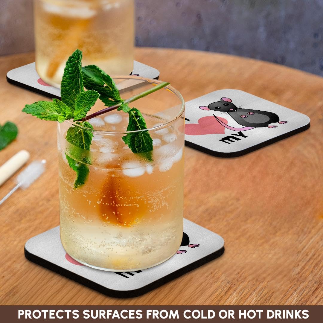 3D Rose Love My Rat Grey Soft Coasters Set of 8 - Absorbent Drink Coasters for Home, Office, or Bar Use