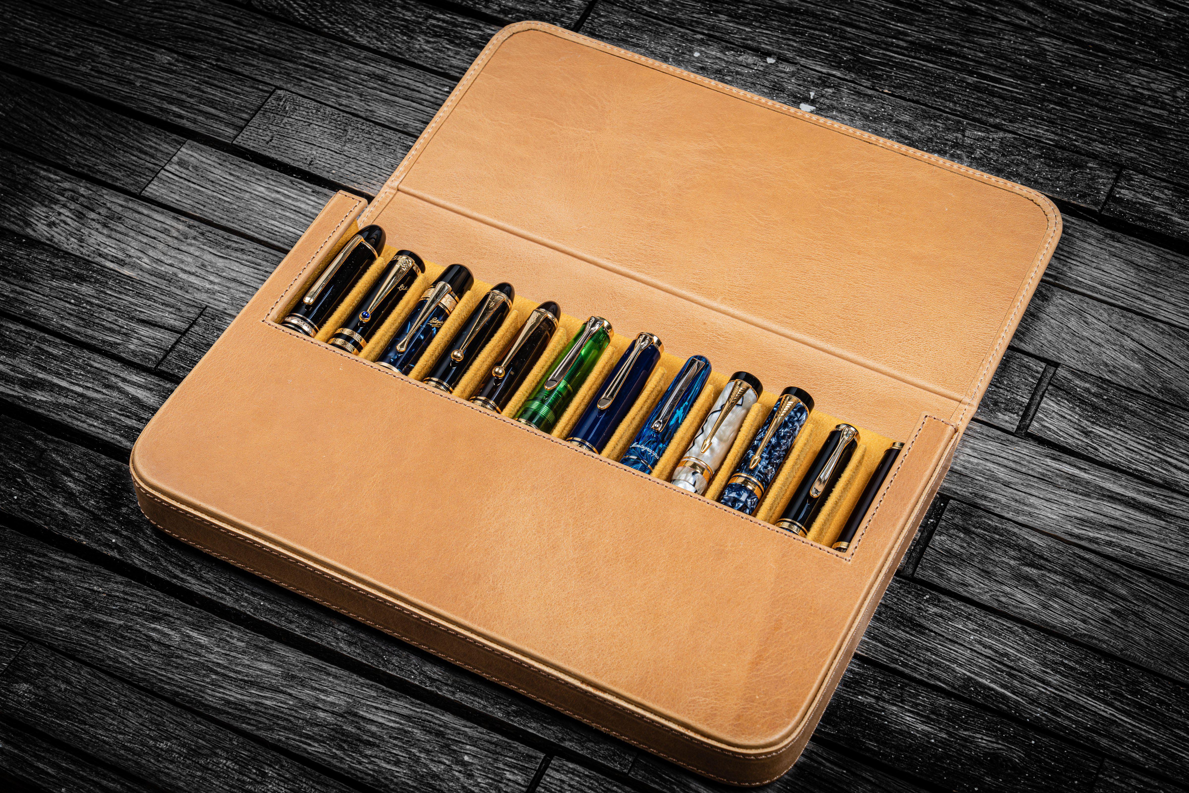 Premium Leather Magnum Opus 12-Slot Hard Pen Case with Removable Tray - Crazy Horse Honey Ochre | Luxury Fountain Pen Storage for Writers, Artists & Collectors | Office, Home & Travel Use