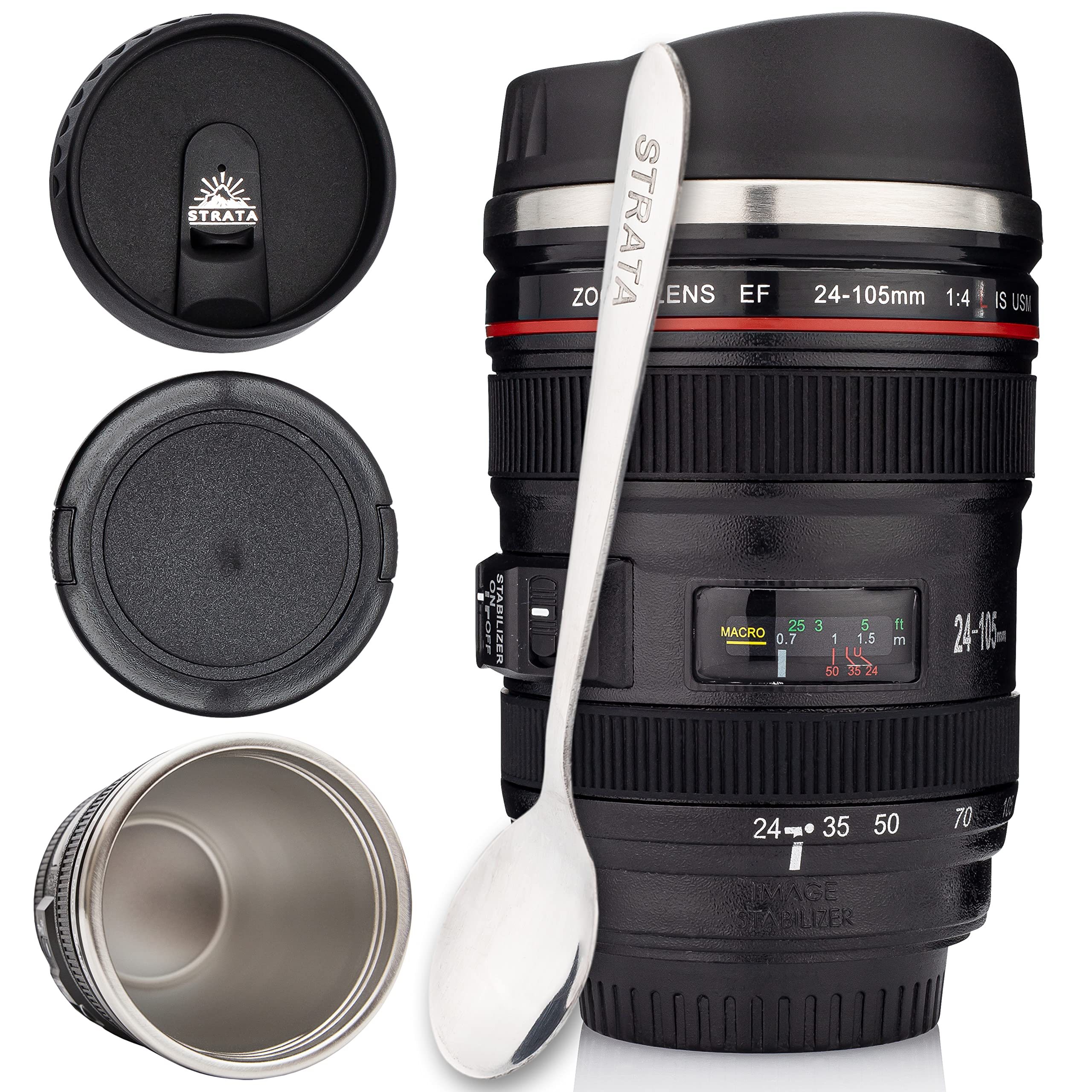 STRATA CUPS 13.5oz Camera Lens Coffee Mug with 2 Lids, Spoon & Gift Bag - Perfect Photography Gift for Men, Dad, Photographers - Great for Office, Home Use & Camera Enthusiast Collections