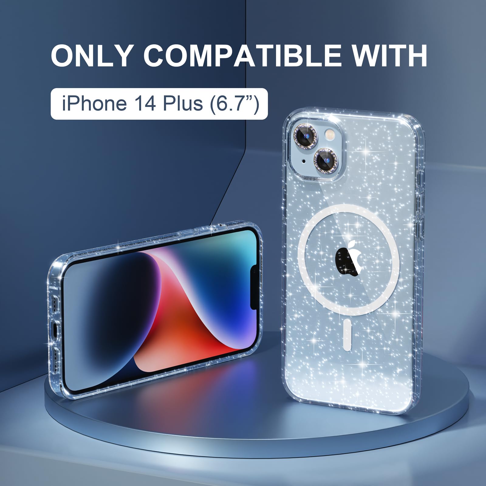 Choiche Magnetic Case for iPhone 14 Plus - Women's Clear Glitter Bling Sparkly Phone Cover with 2x Diamond Camera Protectors & 2x Tempered Glass Screen Protectors | MagSafe Compatible (Glitter Clear) | Perfect for Everyday Use, Parties & Gift Giving
