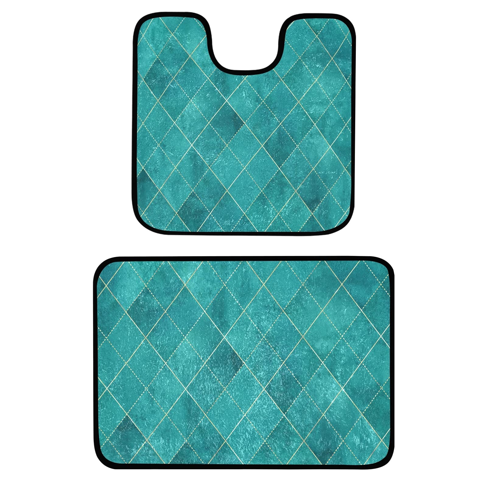 Non-Slip Geometric Teal & Turquoise Plaid Bath Mat Set - 2 Piece Plush Absorbent Bathroom Rugs for Shower, Tub & Toilet | Soft U-Shaped Toilet Rug & Shower Mat for Modern Bathrooms