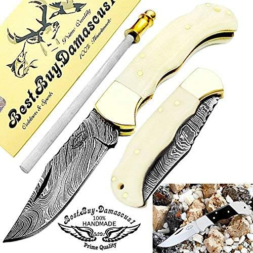 Premium Damascus Folding Pocket Knife with Blue Wood Handle - High-Quality Camping, Hunting & Survival Knife for Men - Perfect Gift for Outdoorsmen & Adventurers - Ideal for Hiking, Fishing & Everyday Carry (Camel)