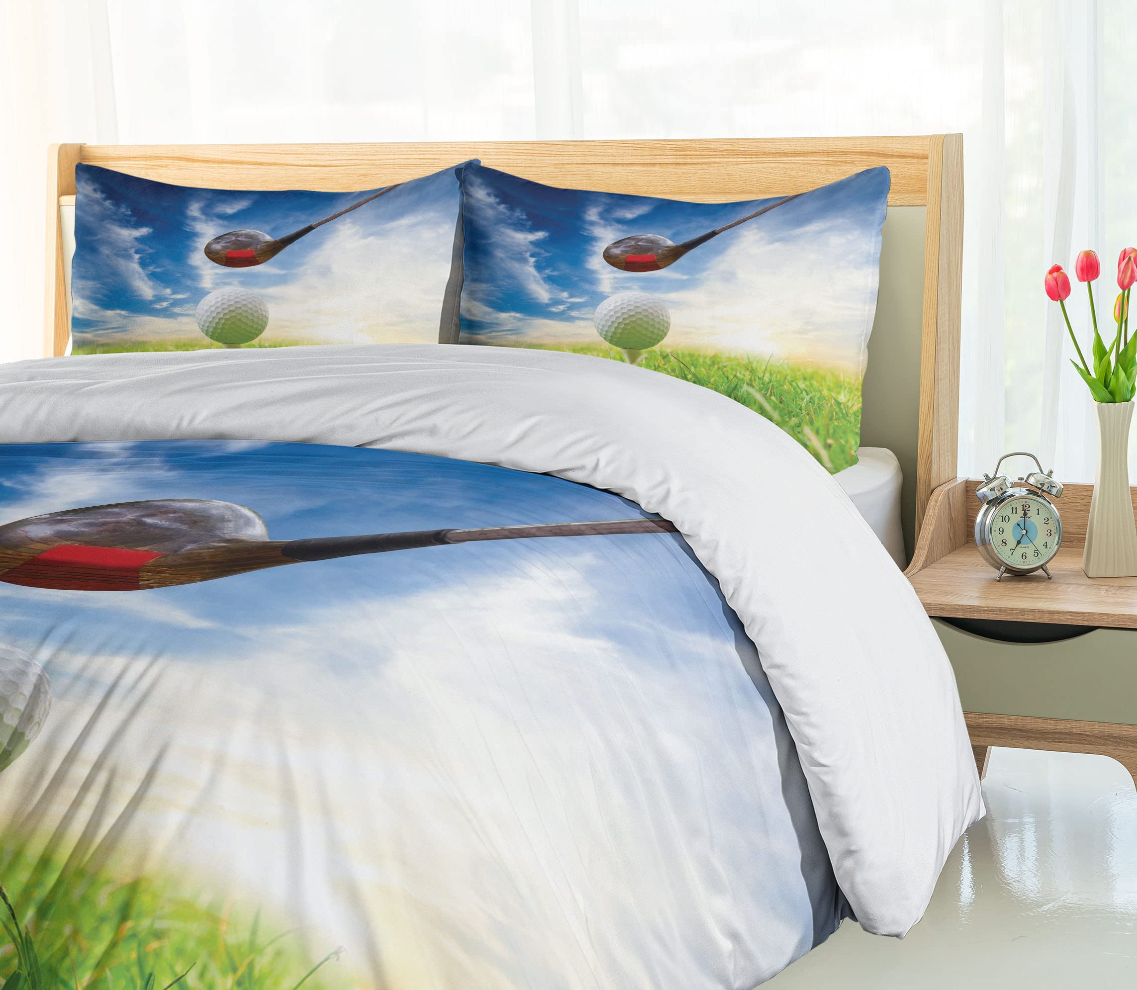 Ambesonne Golf Club Themed Duvet Cover Set - King Size 3 Piece Bedding with 2 Pillow Shams, Macro Photography Print of Golf Ball on Tee in Blue & Green | Perfect for Golf Enthusiasts Bedroom Decor, Sports Themed Guest Room, or Man Cave