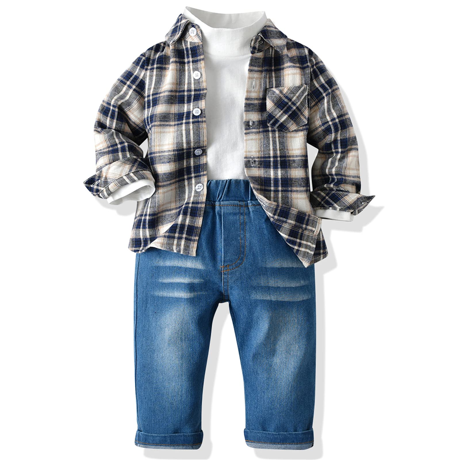 Stylish SANGTREE Baby Boys Outfit Set - Plaid Shirt, Denim Jeans & White Shirt | Perfect for Photoshoots, Parties & Everyday Wear