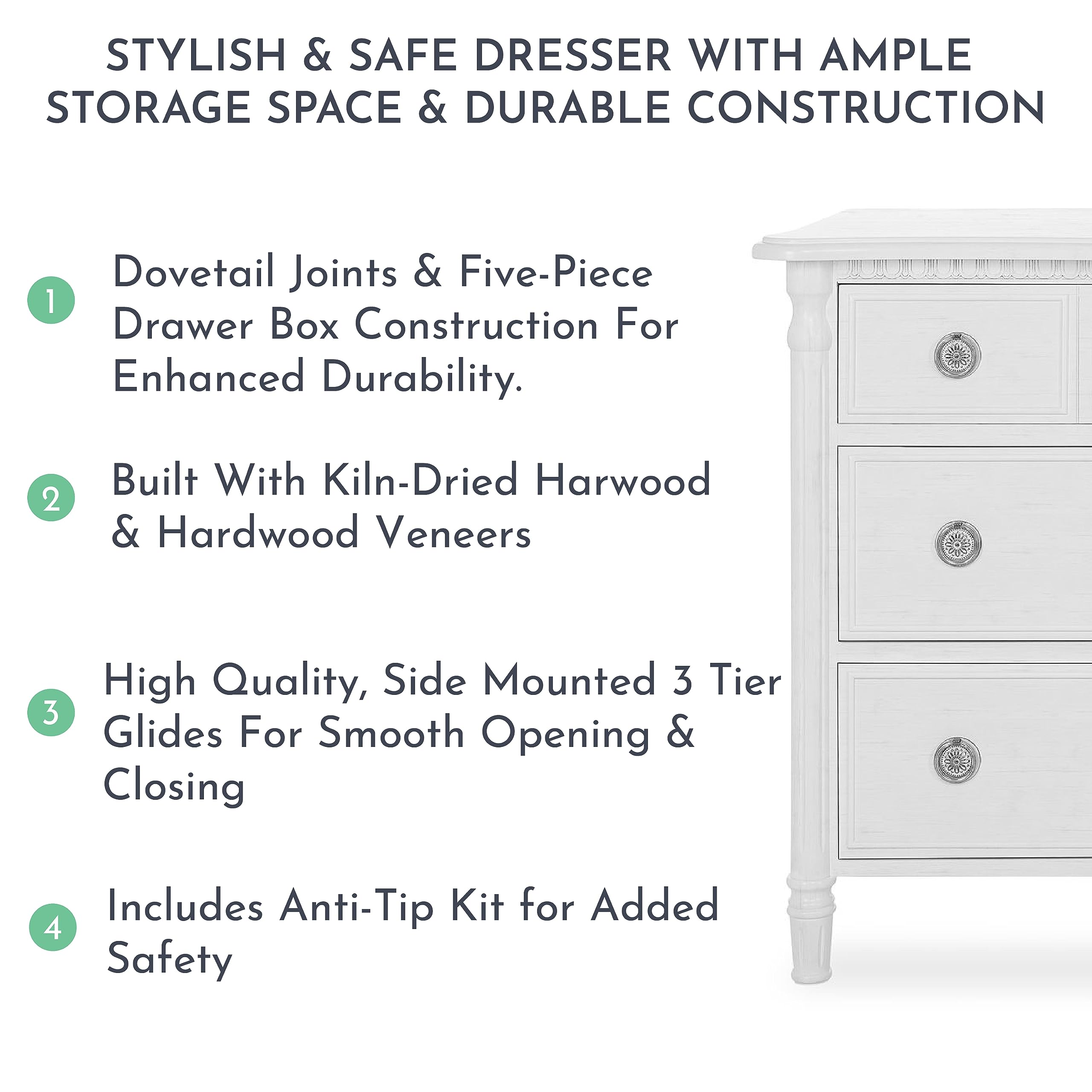 Evolur Julienne White Wooden Double Dresser with 6 Spacious Drawers & Anti-Tip Kit - Nursery & Bedroom Dresser for Baby Clothes, Toys & Storage | Modern Kids Furniture for Organization & Home Decor