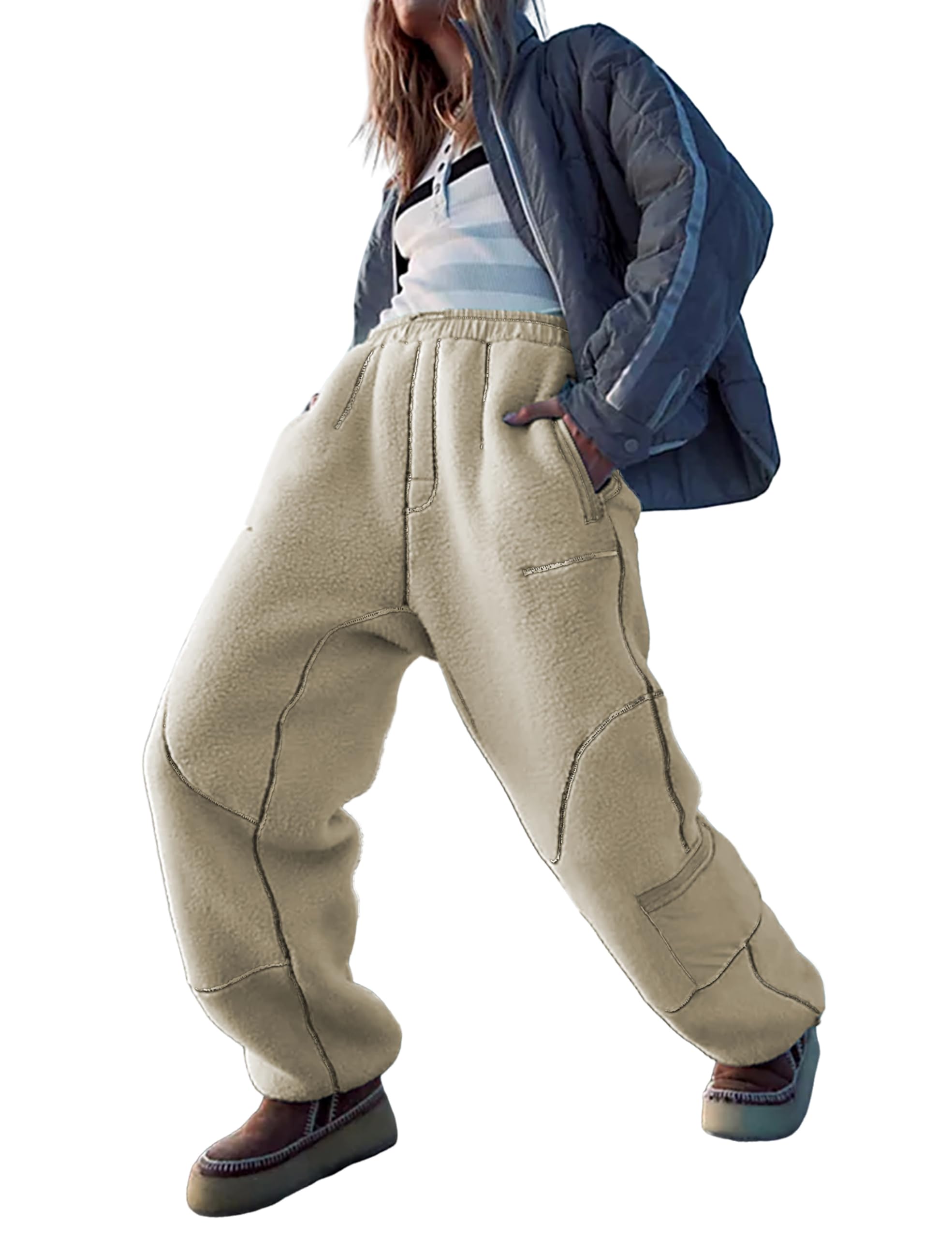 Omoone Women's 2024 Winter Fleece Sherpa Sweatpants - Warm Fuzzy Thermal Snow Ski Pants, Loose Fit Activewear with Pockets for Skiing, Snowboarding & Casual Winter Outfits