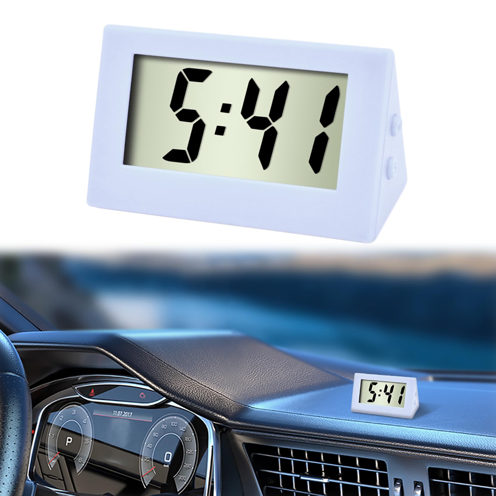 Mini Car Clock with LCD Time & Day Display - Auto Dashboard Accessory for Home & Vehicle (White)